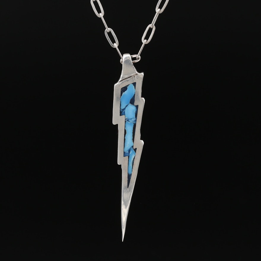 Sterling Silver Lightning Bolt Necklace with Faux Turquoise