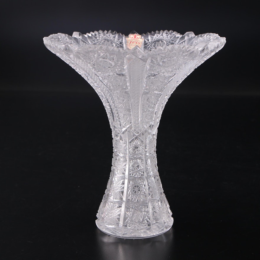 Iris Czechoslovakian Cut Crystal Trumpet Vase, Mid to Late 20th Century