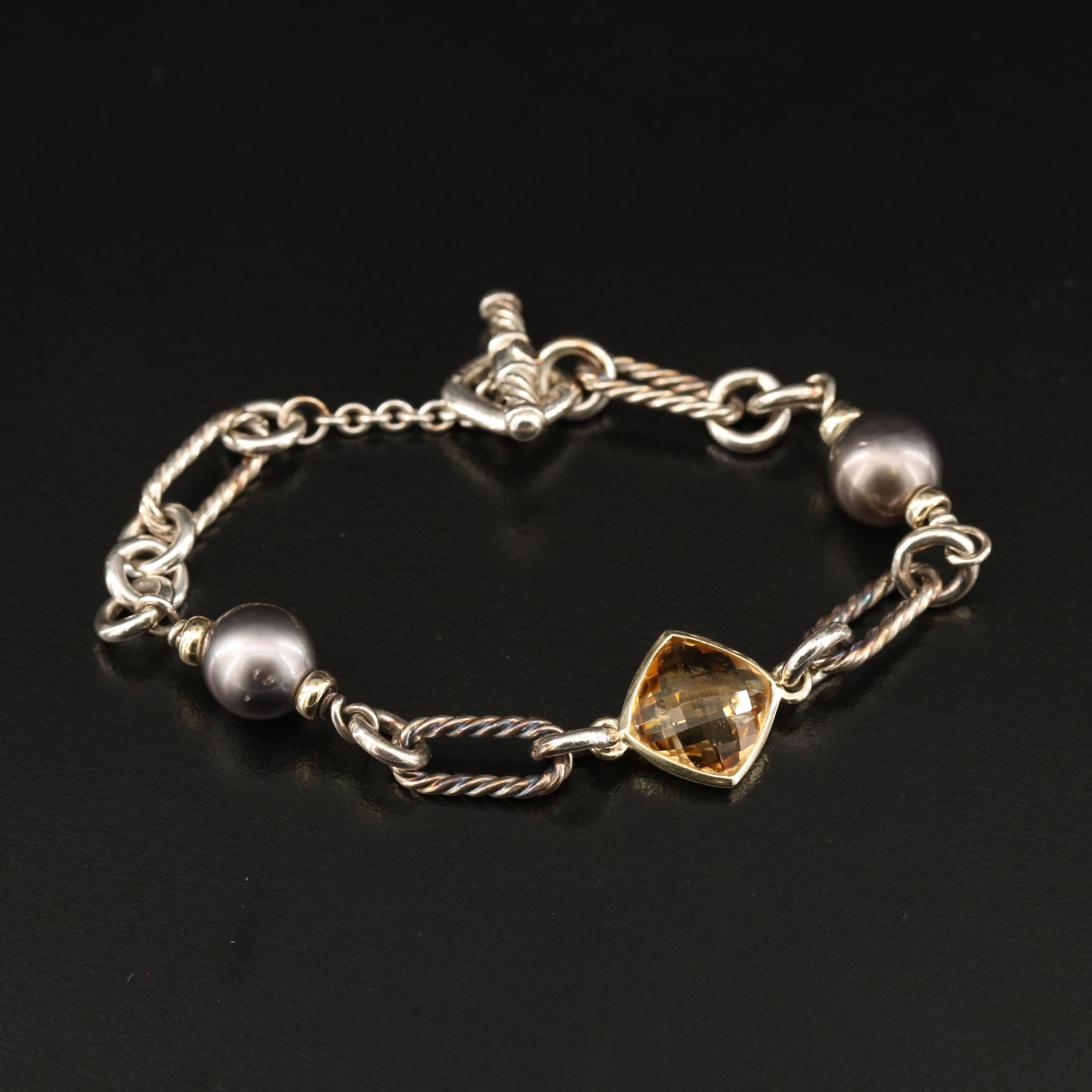 David Yurman Sterling Citrine and Pearl Bracelet with 18K Accents and Pouch