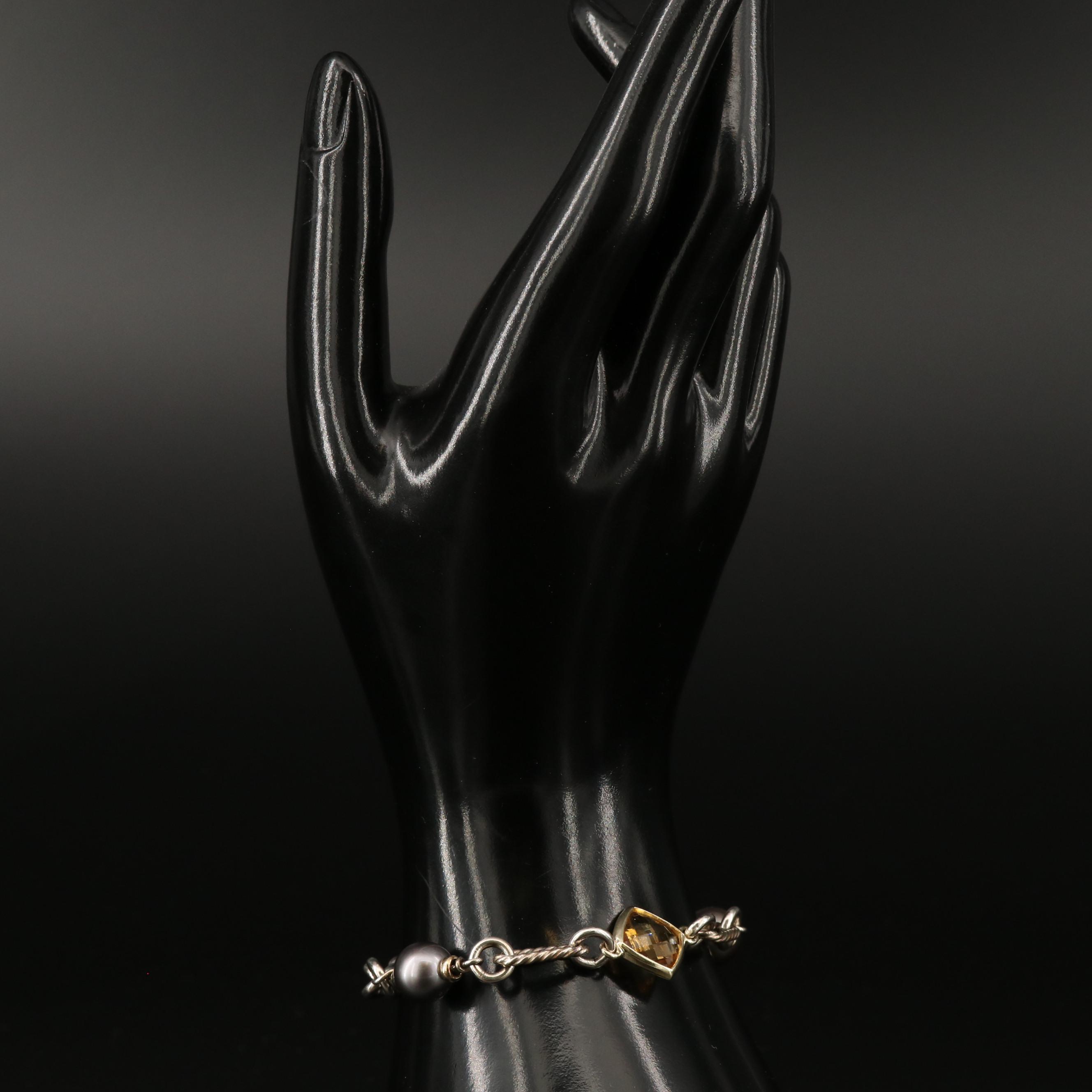 David Yurman Sterling Citrine and Pearl Bracelet with 18K Accents and Pouch