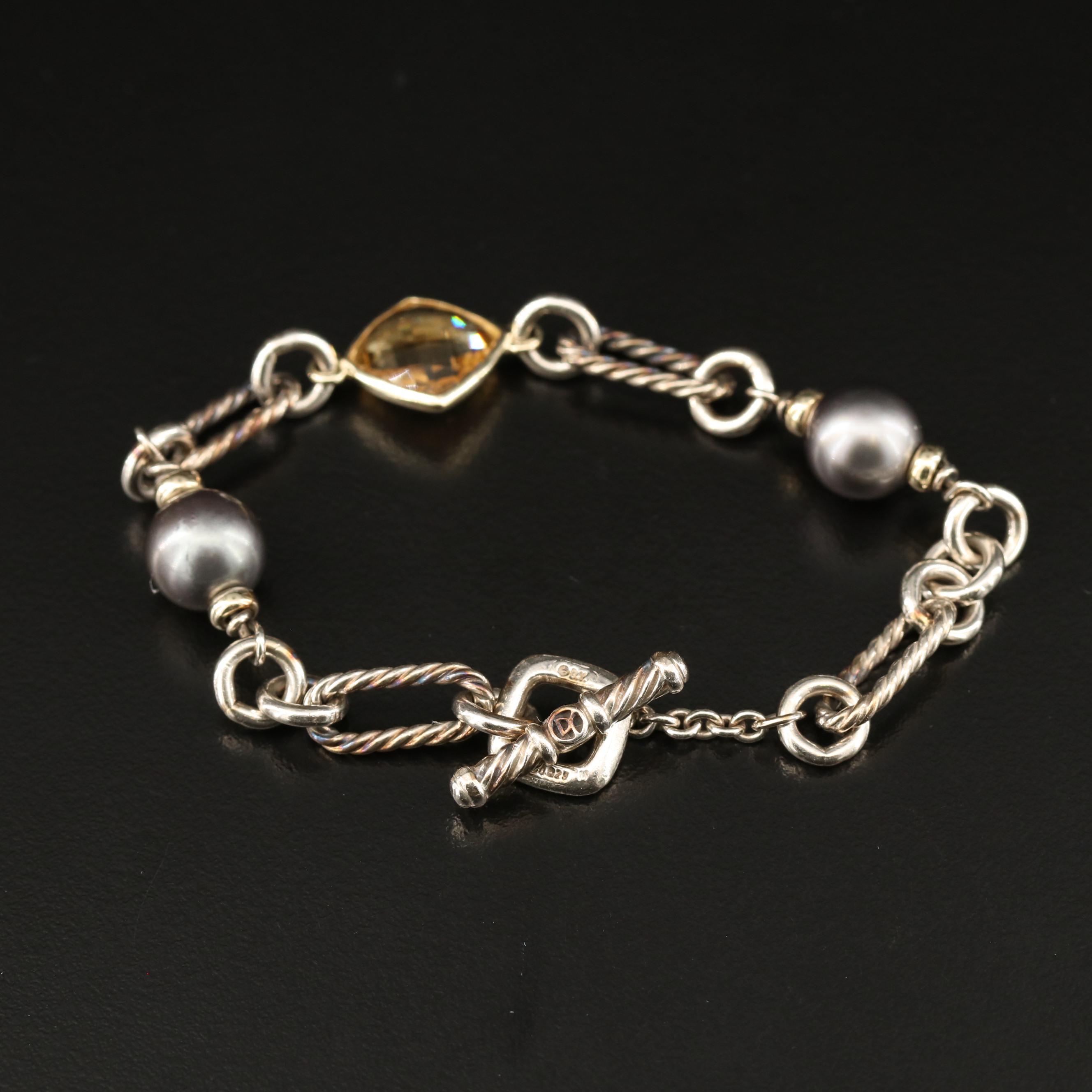 David Yurman Sterling Citrine and Pearl Bracelet with 18K Accents and Pouch