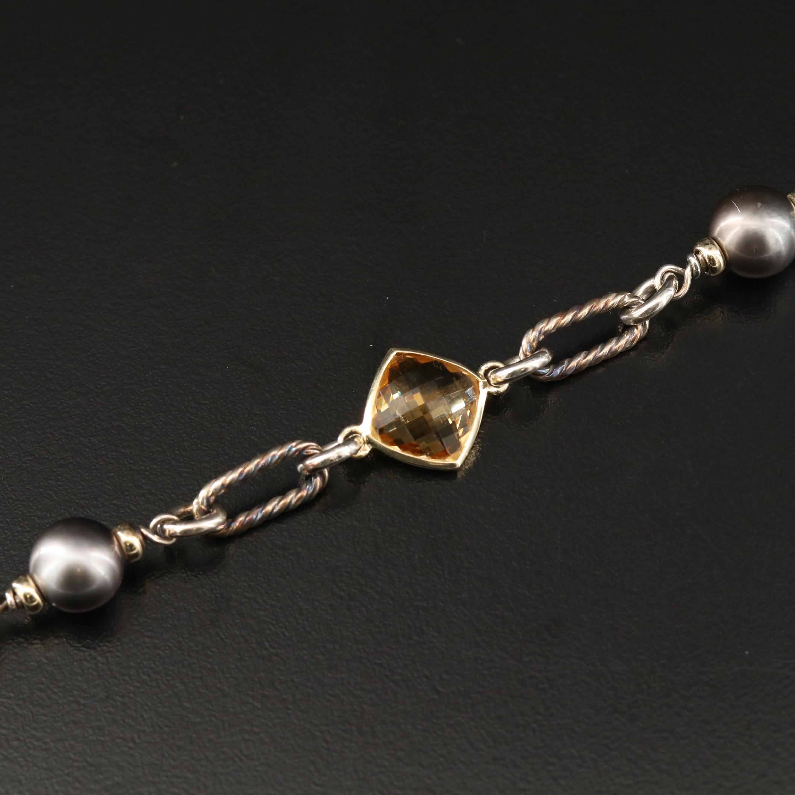 David Yurman Sterling Citrine and Pearl Bracelet with 18K Accents and Pouch