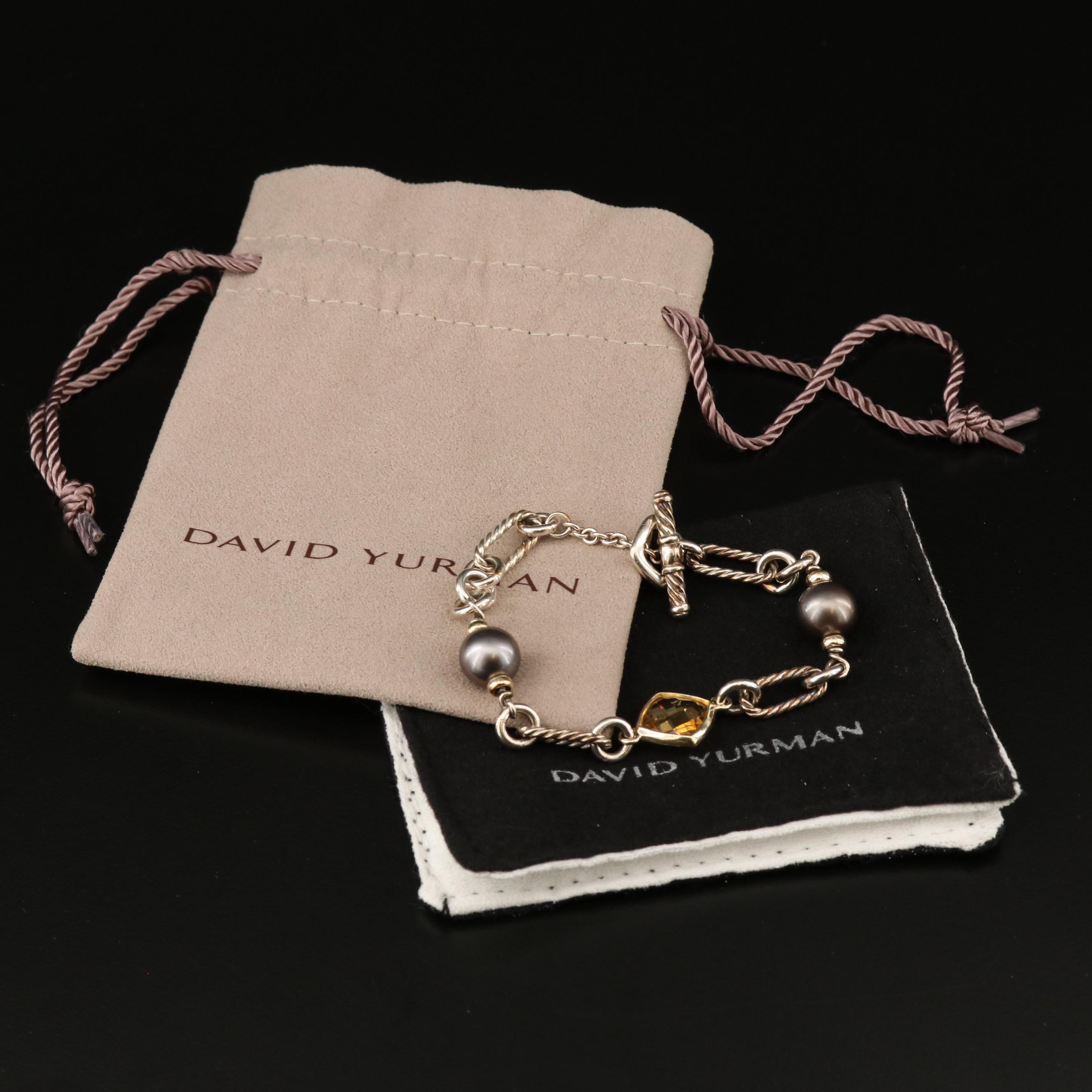 David Yurman Sterling Citrine and Pearl Bracelet with 18K Accents and Pouch