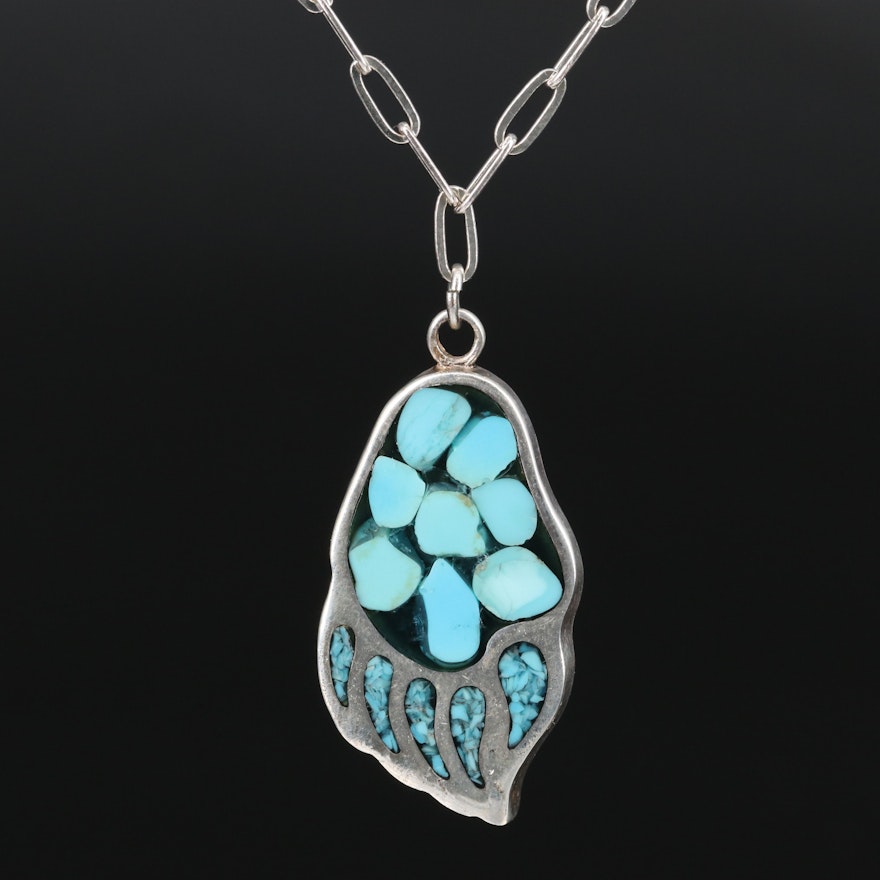 Western Style Sterling Silver Turquoise in Resin Bear Claw Pendant Necklace