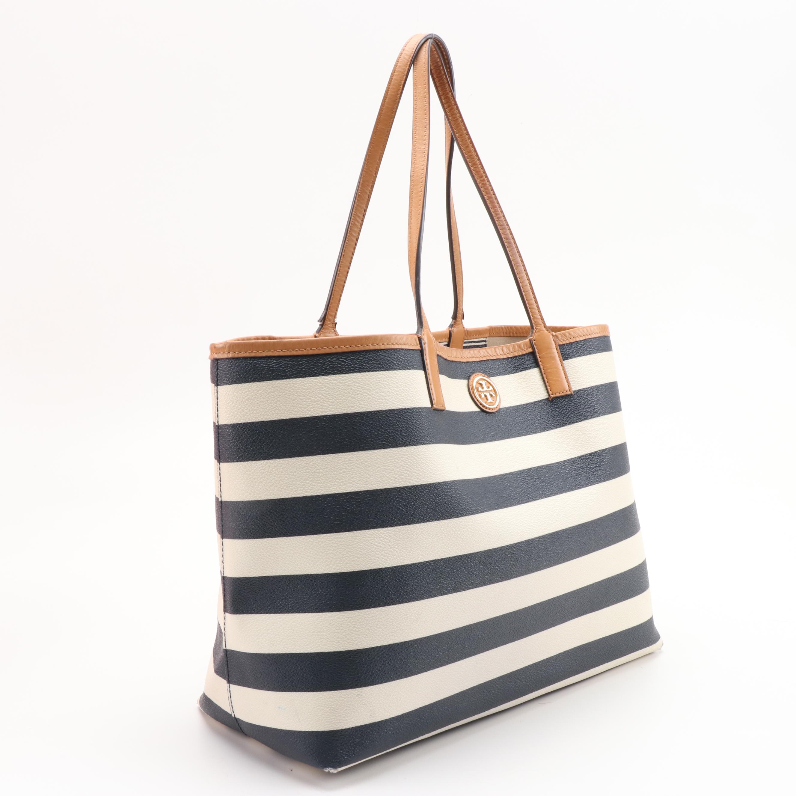 Tory Burch Kerrington Navy and White Striped Tote with Gift Bag