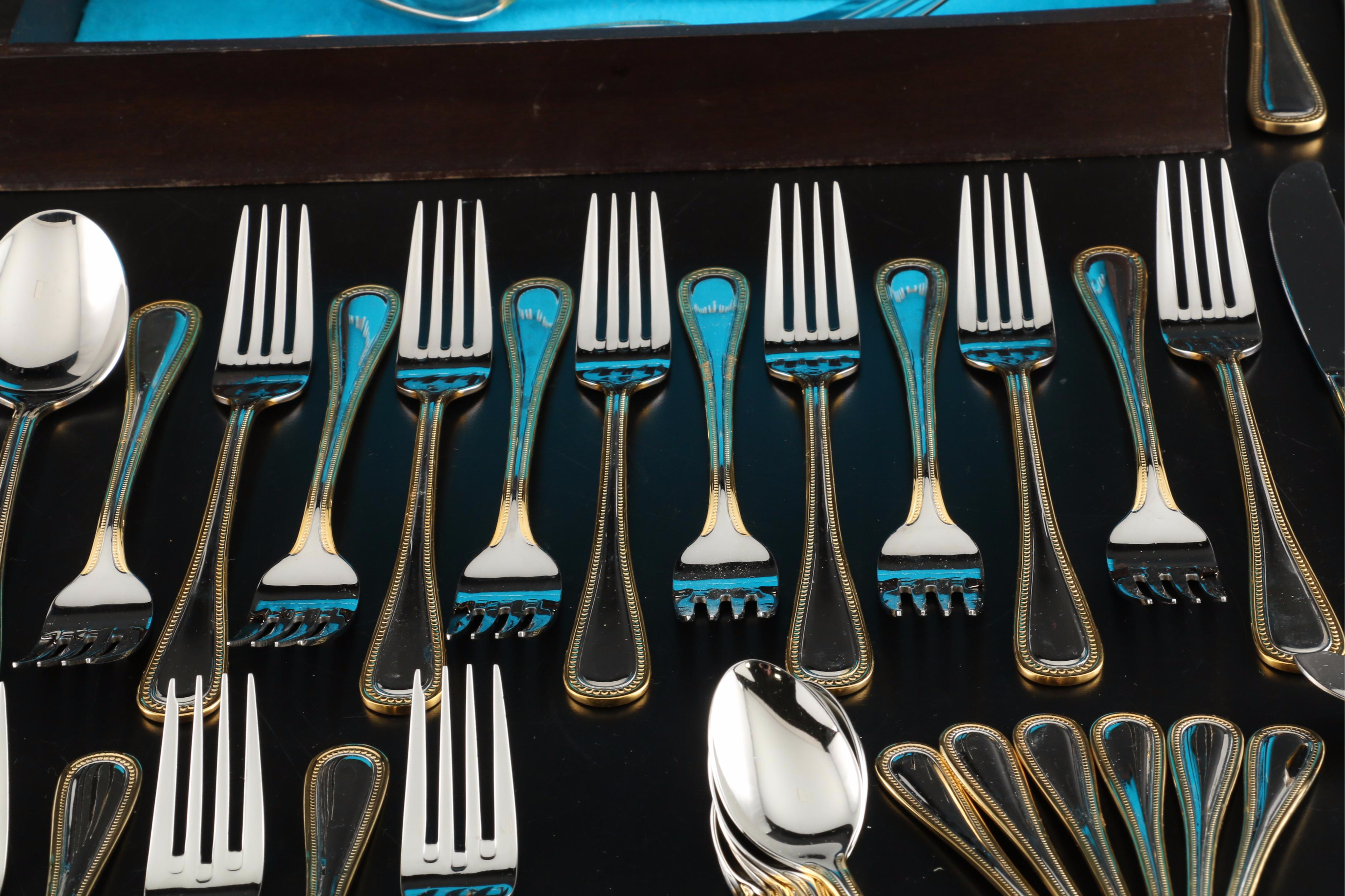 Wallace Stainless Steel "Gold Royal Bead" Flatware with Chest