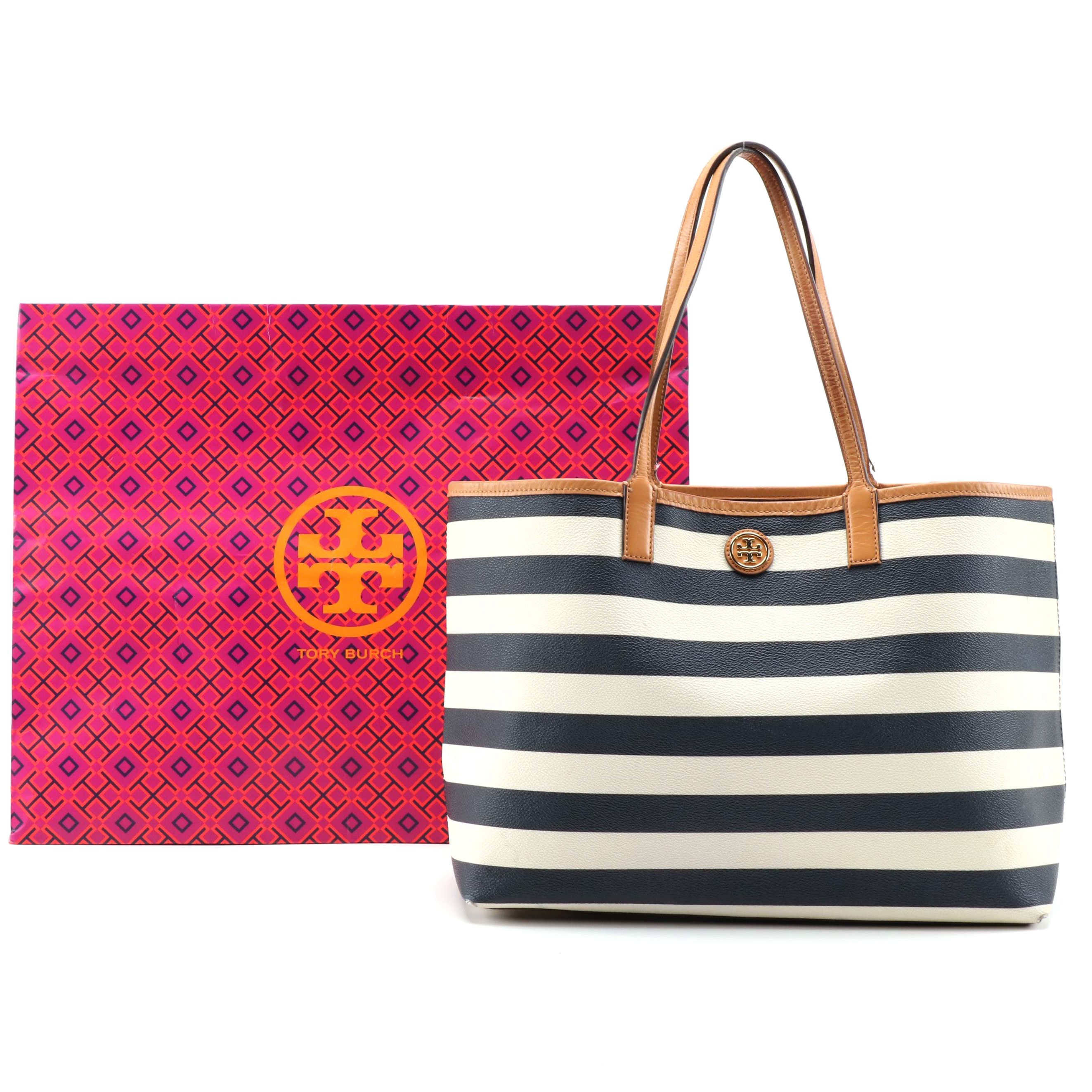 Tory Burch Kerrington Navy and White Striped Tote with Gift Bag