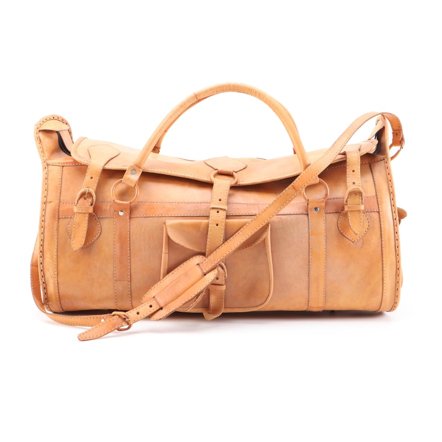 Tan Leather Duffel Travel Bag with Shoulder Strap