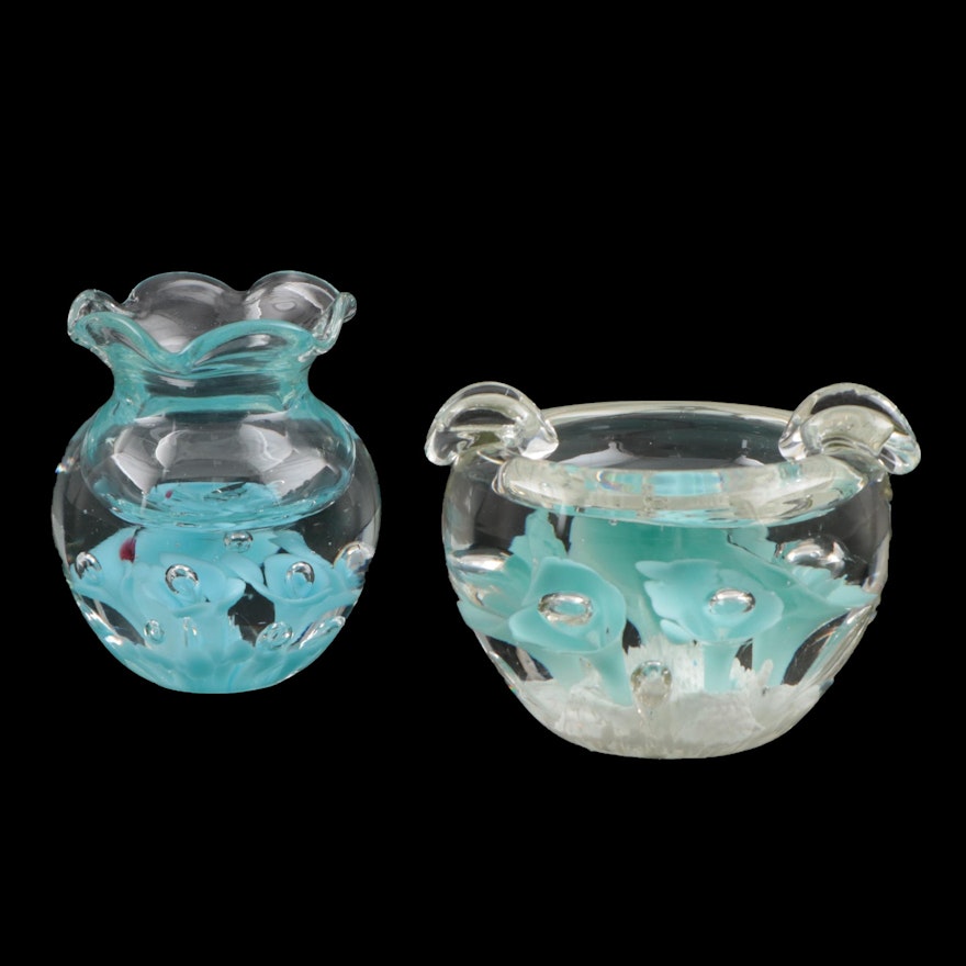 Floral Handblown Glass Ashtray and Bud Vase