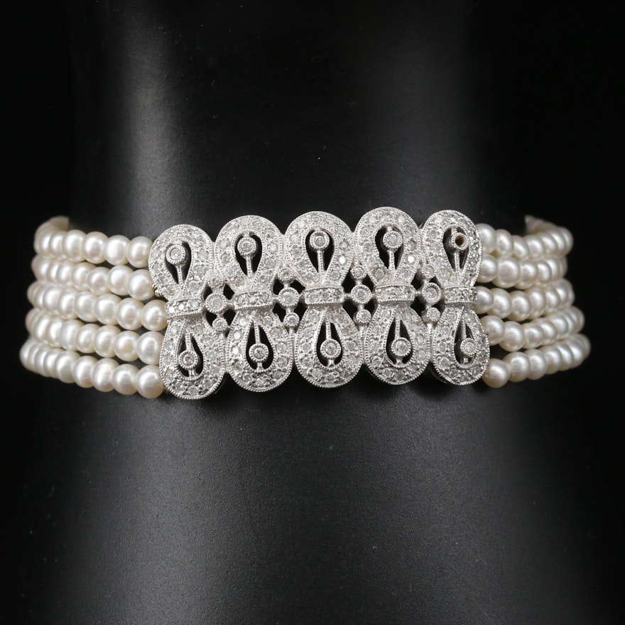 18K 1.00 CTW Diamond and Multi-Strand Pearl Bracelet