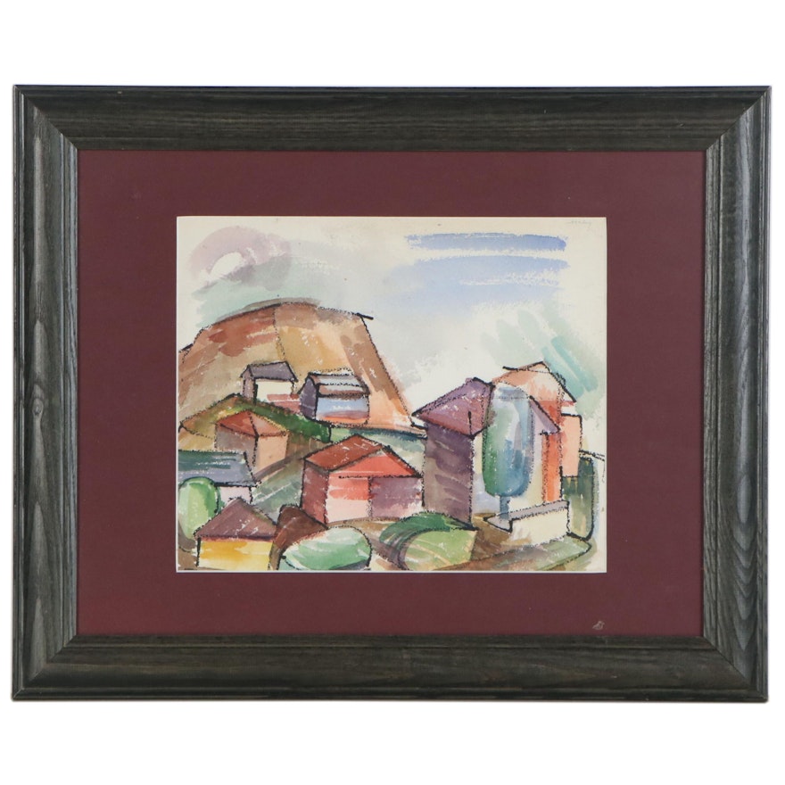 John Charles Haley Modernist Watercolor Painting of Hillside Village