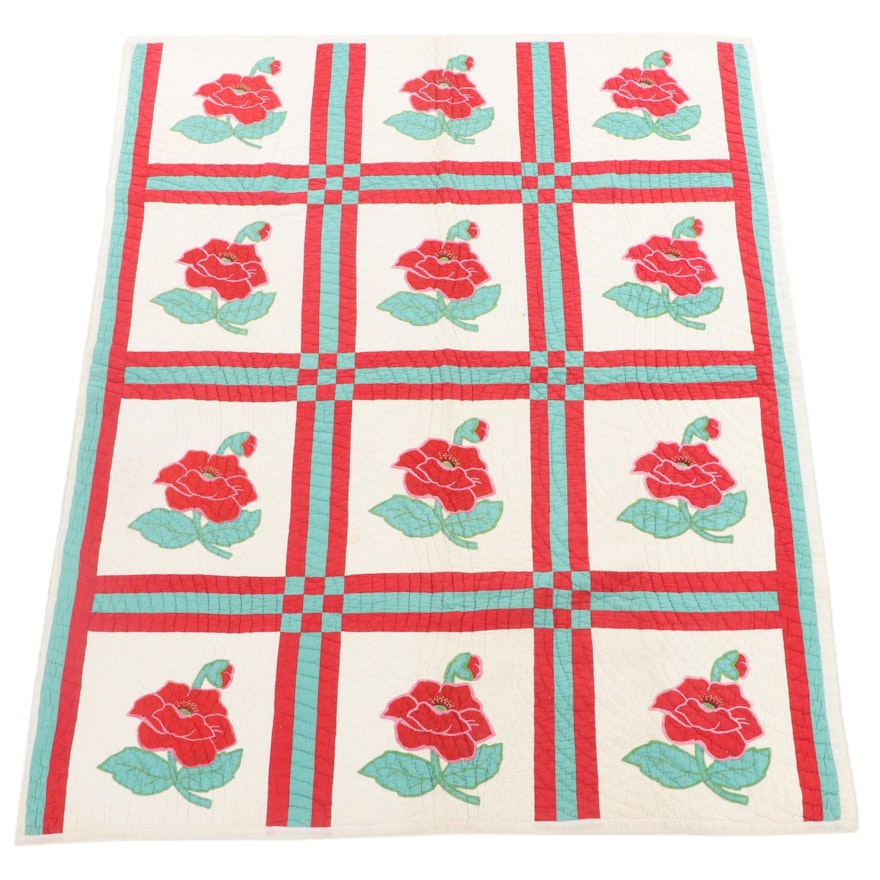 Handcrafted Appliqué "Red Poppy" Quilt