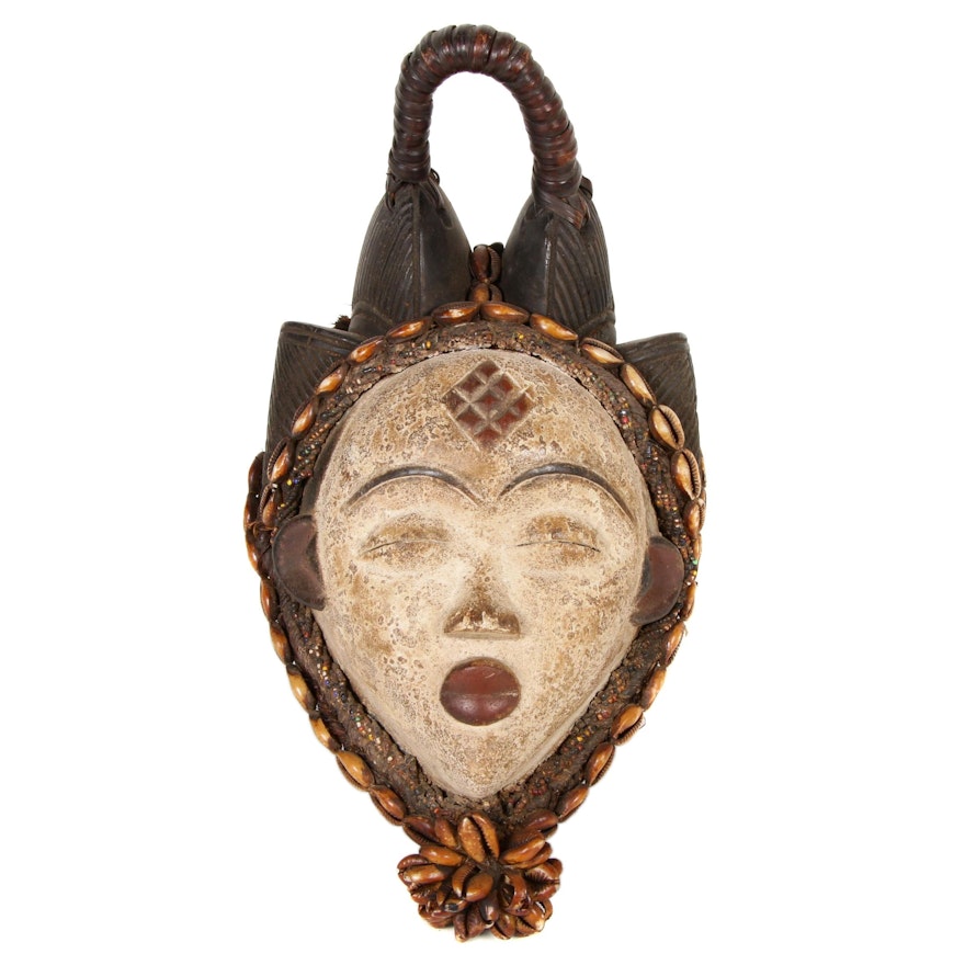 Punu Style Polychrome Wood Mask with Embellishments, Central Africa