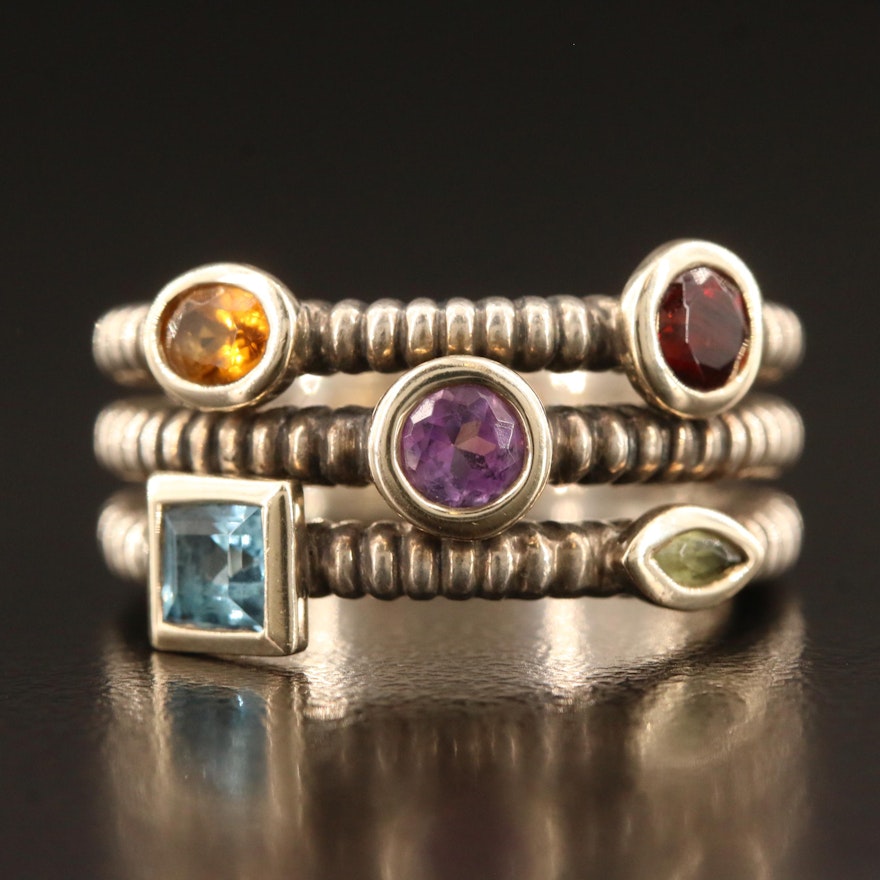 Sterling Silver Peridot, Topaz and Amethyst Ring with 14K Accents