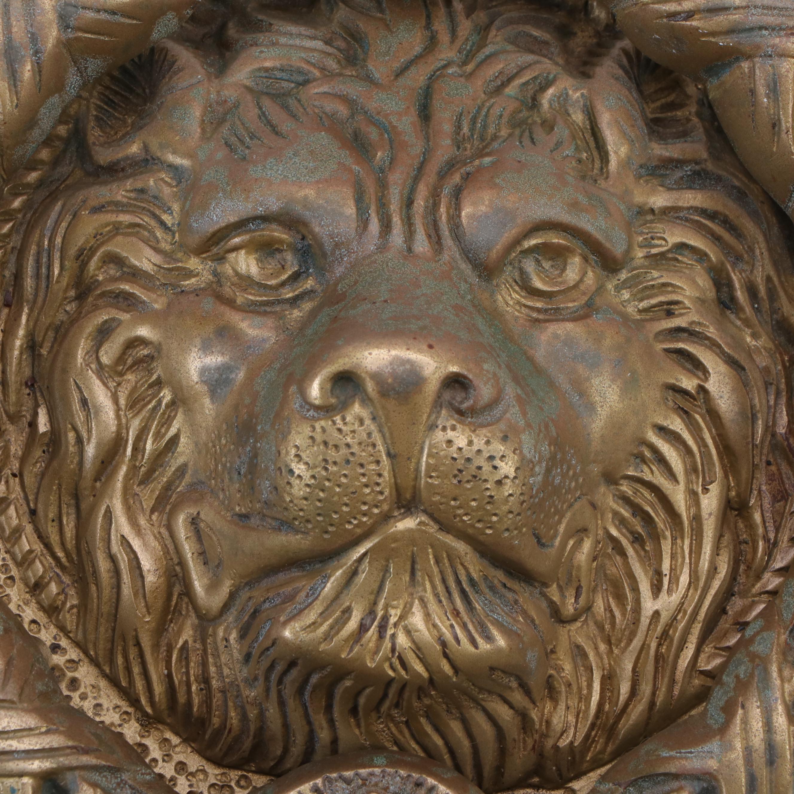 Patinated Cast Brass Lion Face Door Knocker