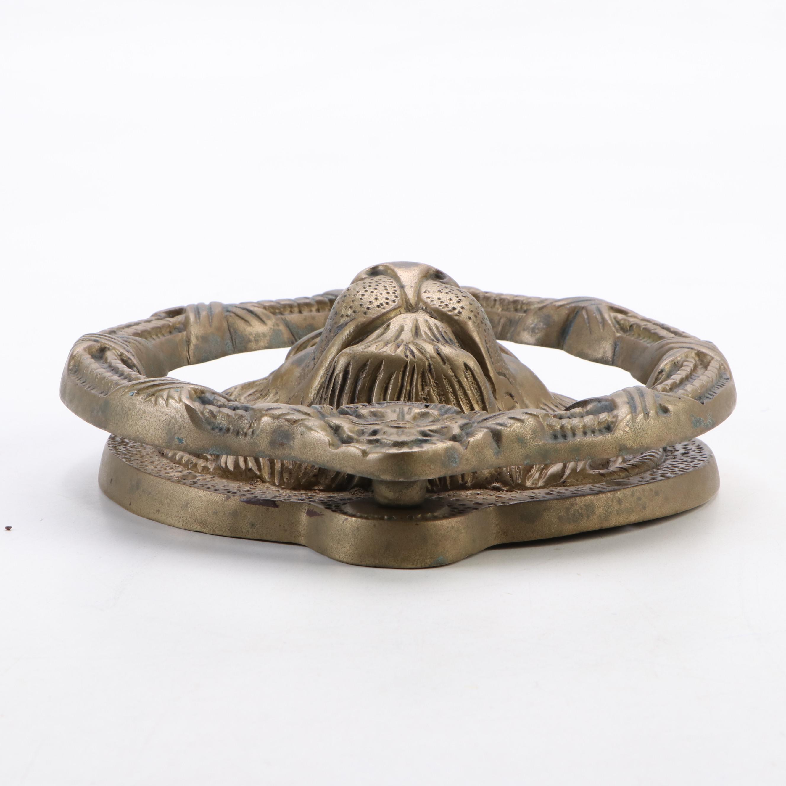 Patinated Cast Brass Lion Face Door Knocker