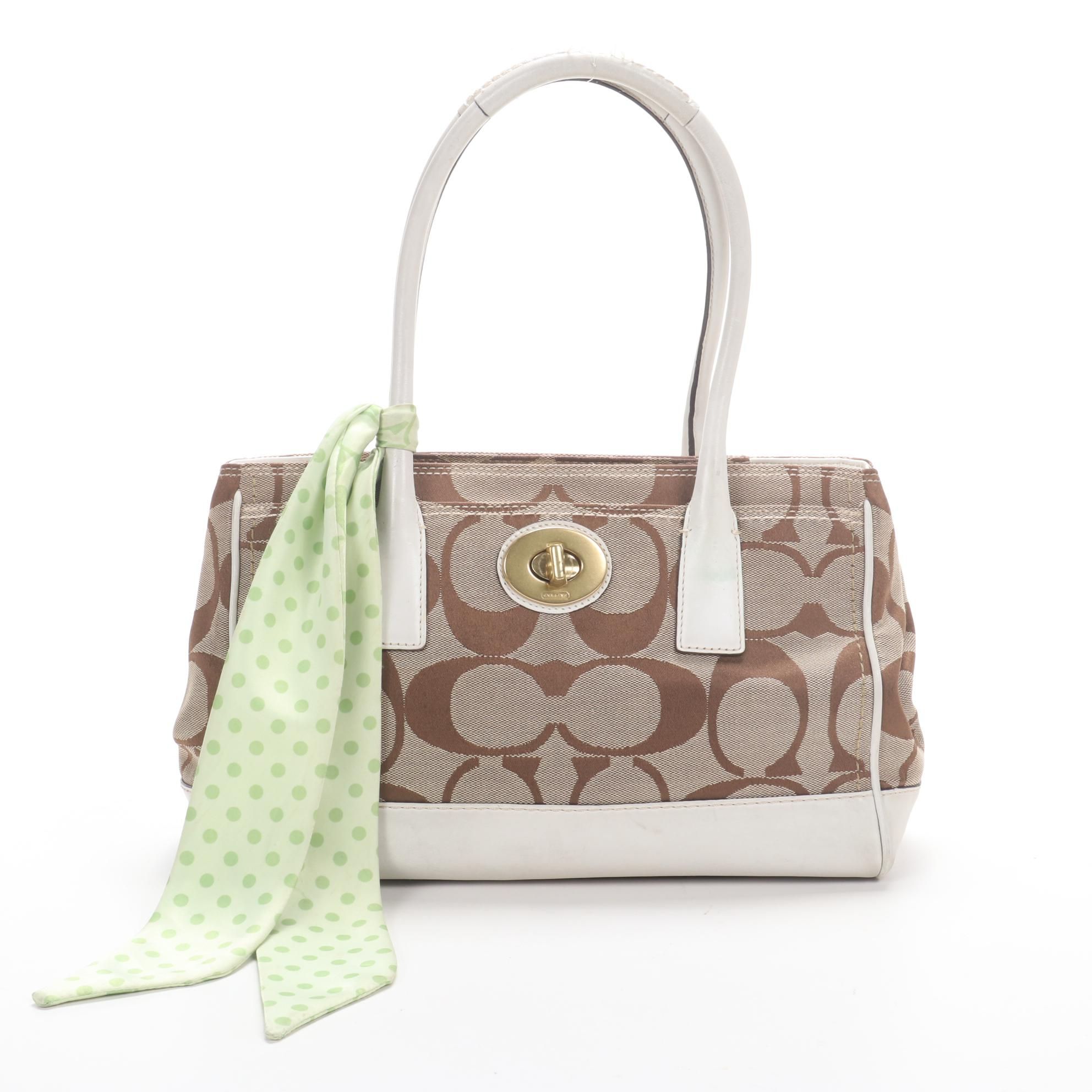 Coach Hampton Madeline Tote Bag in Signature Canvas and White Leather