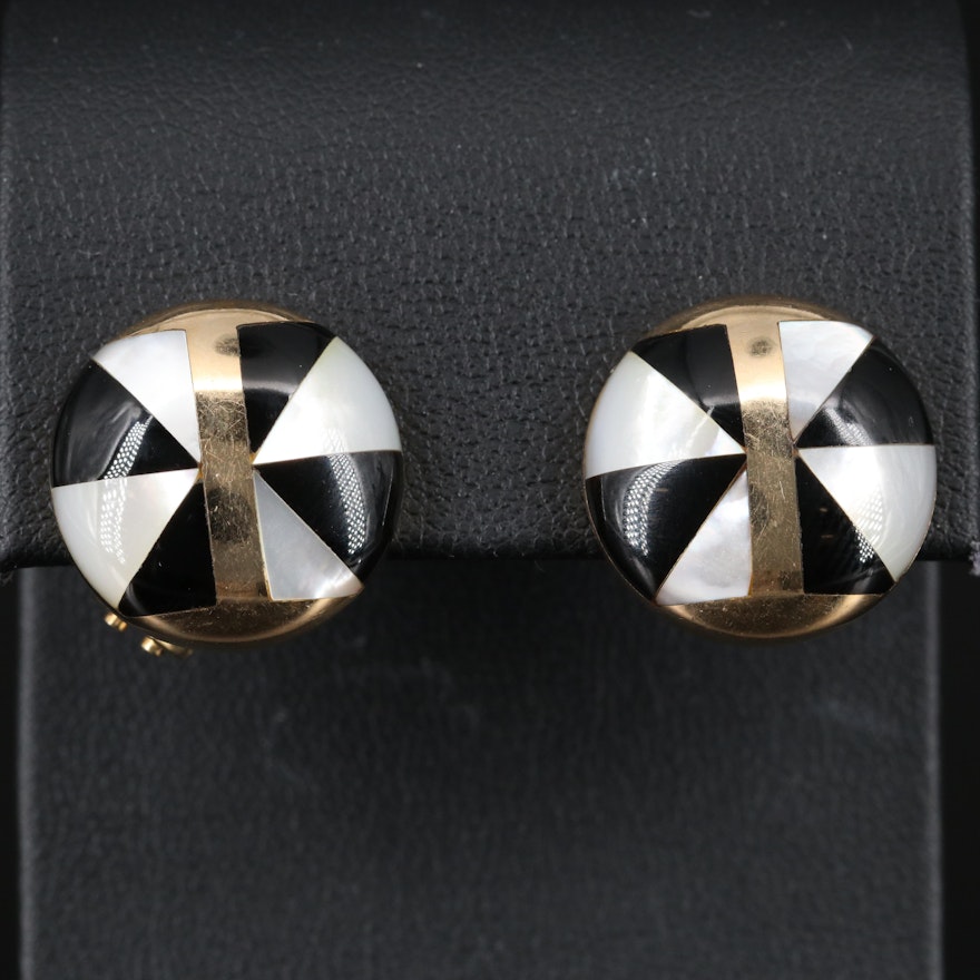 14K Button Earrings with Mother of Pearl and Black Onyx Inlay