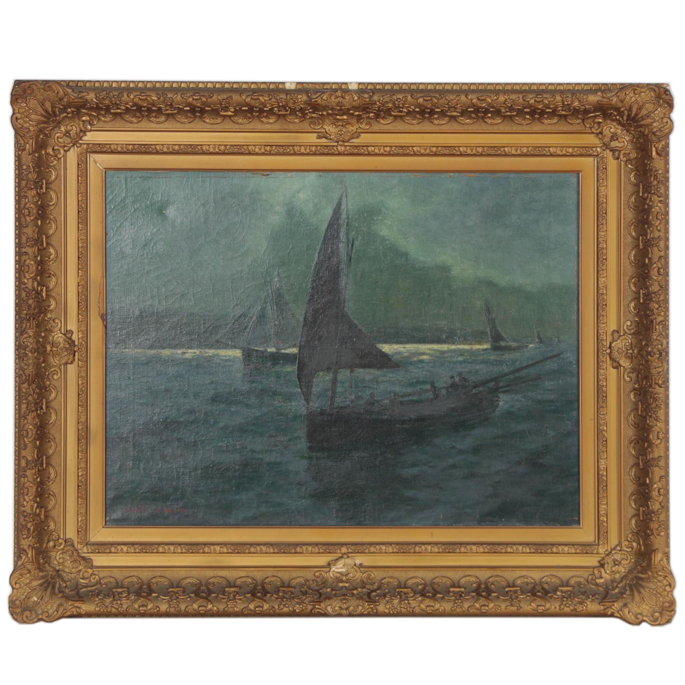 Lionel Walden Nautical Seascape Oil Painting with Sailboats, Early 20th Century