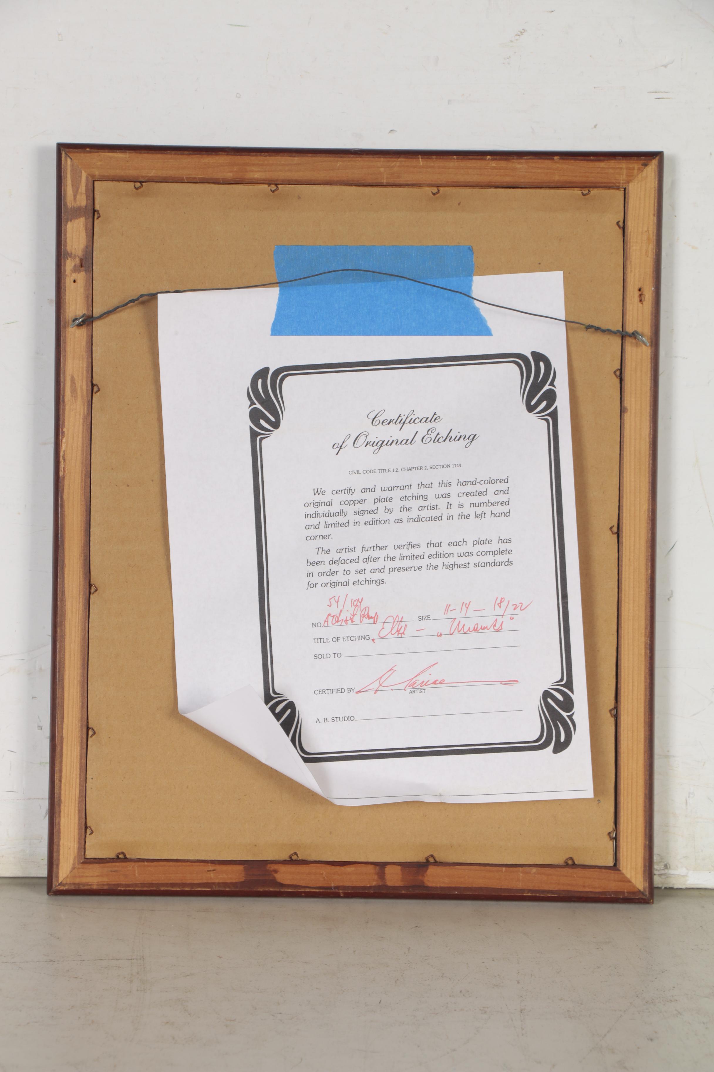 Marianne L. Almasy Etching "Elks," 20th Century