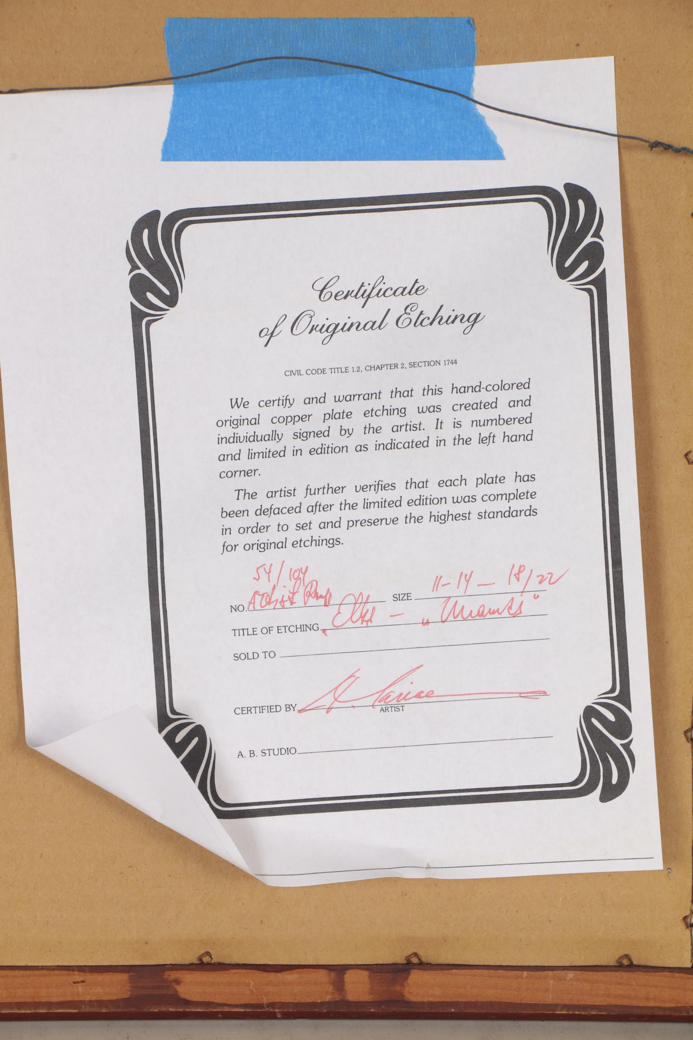 Marianne L. Almasy Etching "Elks," 20th Century