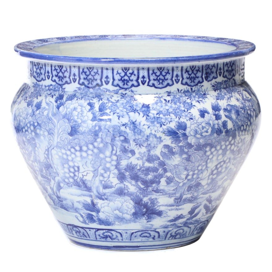 Chinese Blue and White Ceramic Fishbowl Planter, Late 20th Century