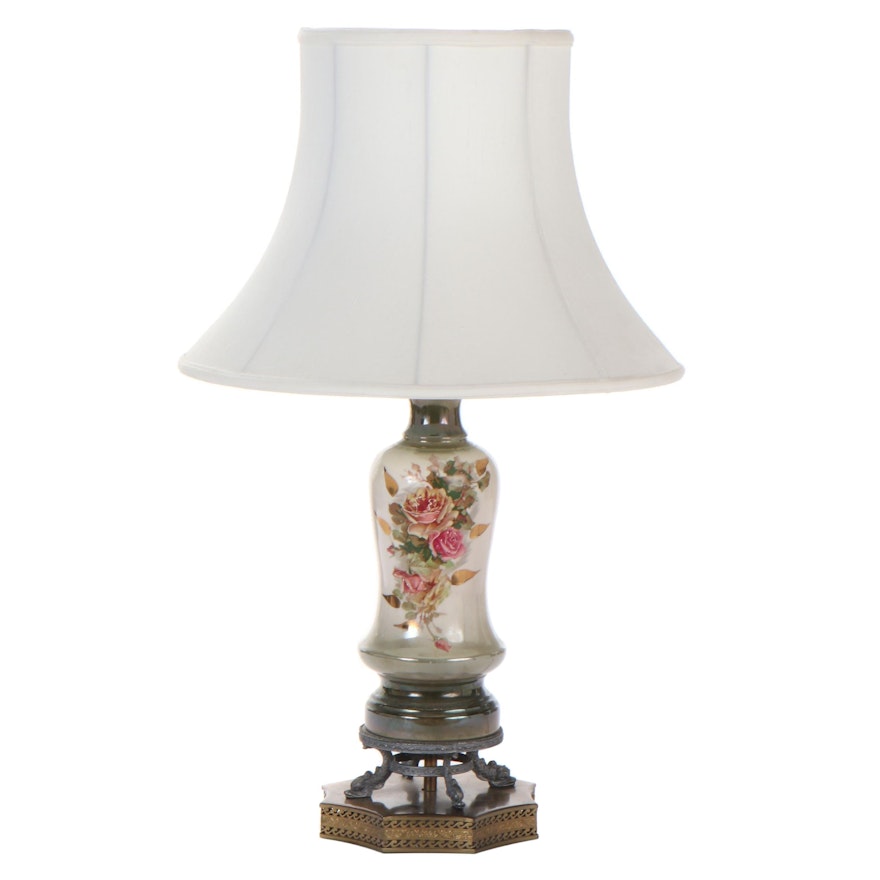 Rose Decorated Porcelain Vase Table Lamp with Fabric Shade, Mid-20th Century