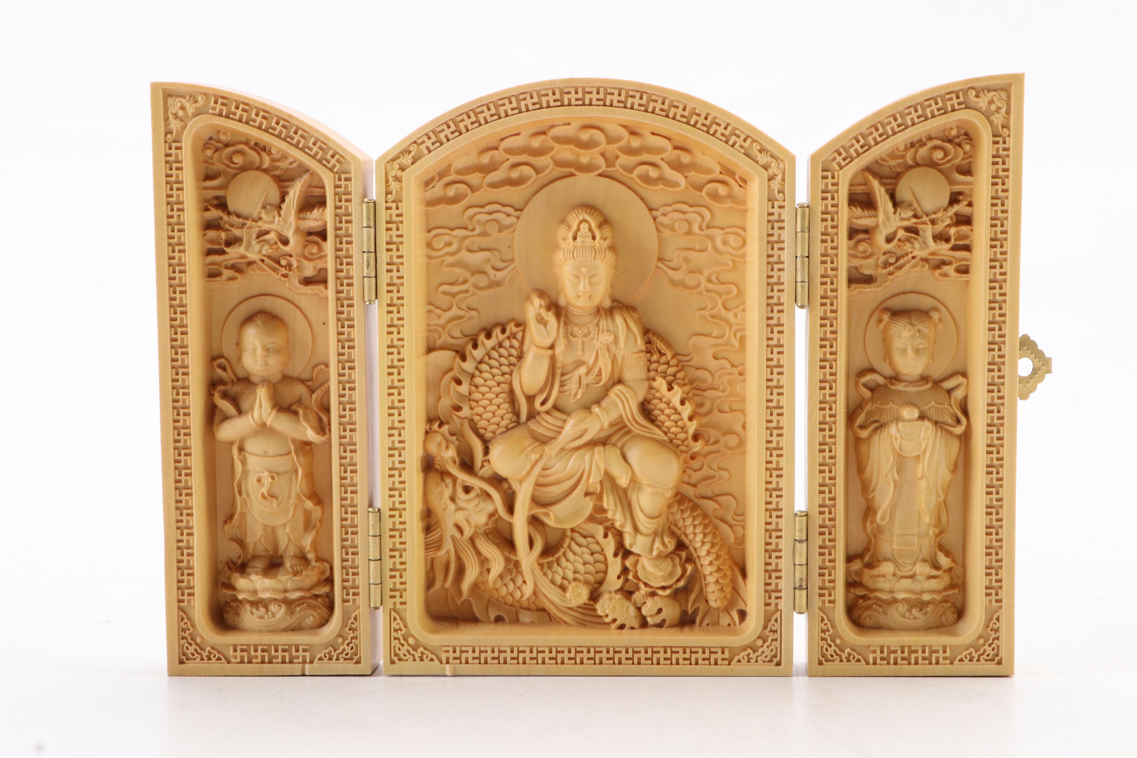 Chinese Buddhist Carved Wood Traveling Altar Triptych