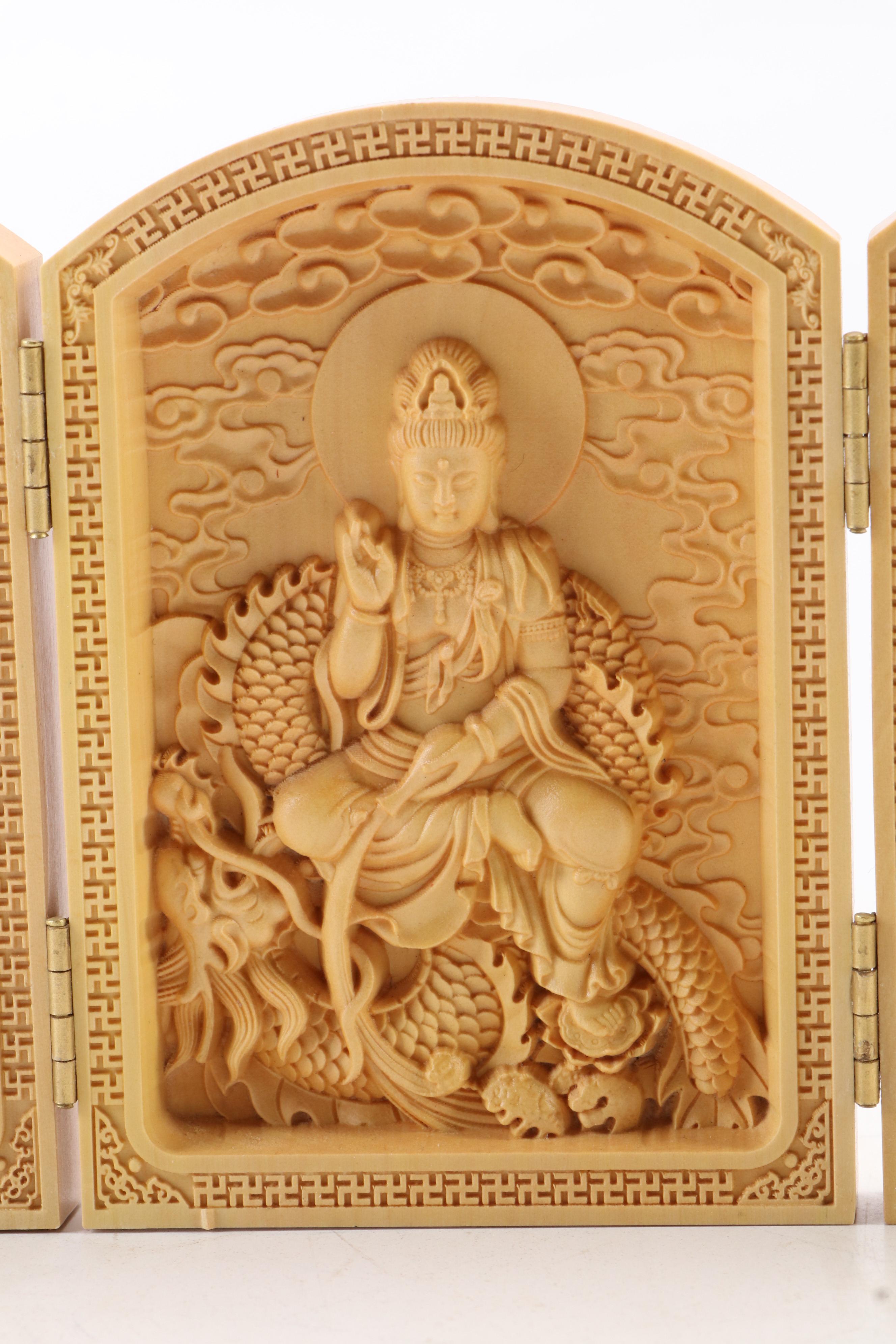 Chinese Buddhist Carved Wood Traveling Altar Triptych