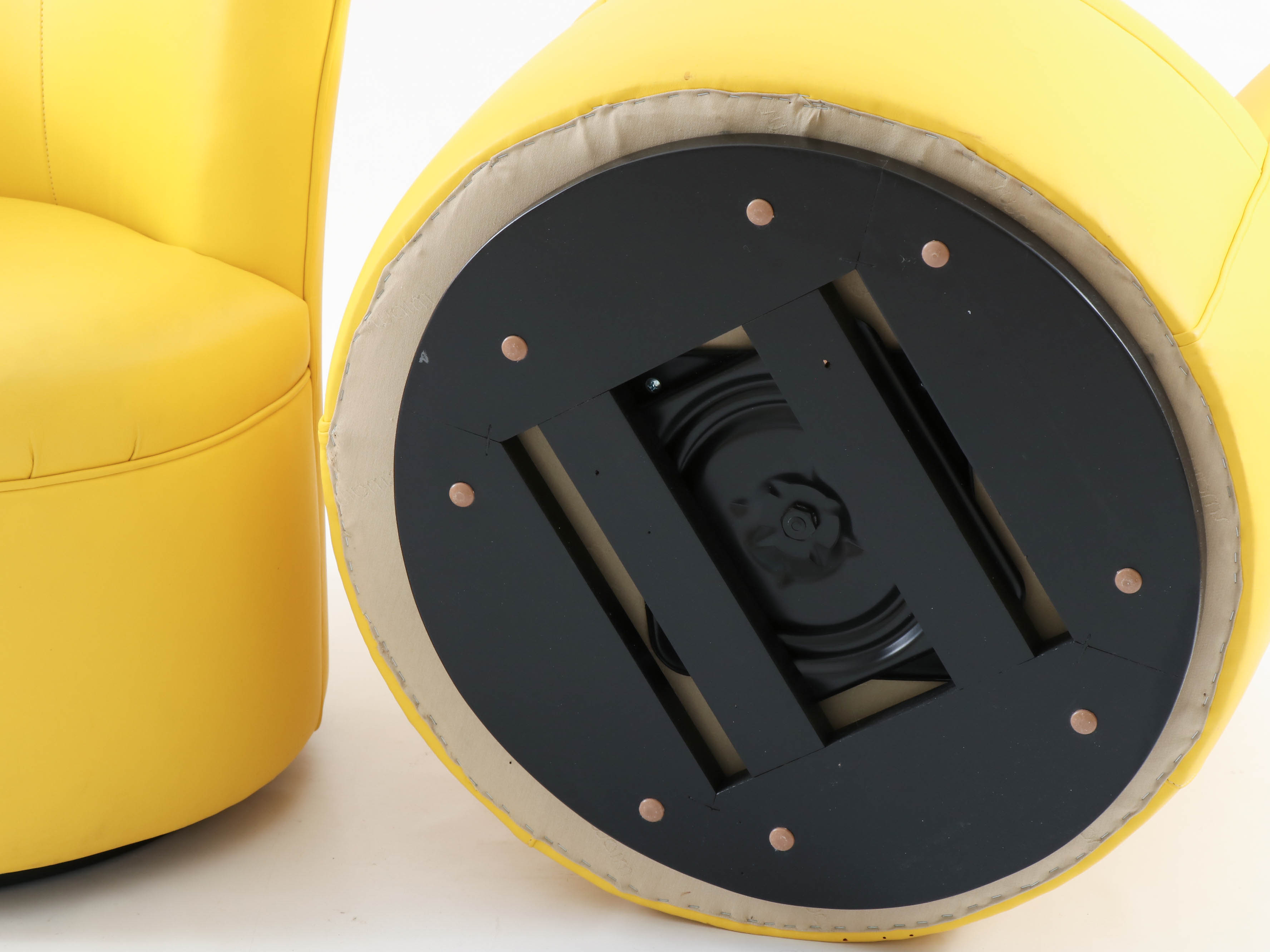 Pair of Modernist Lemon Yellow Leather Asymmetrical Back Swivel Chairs