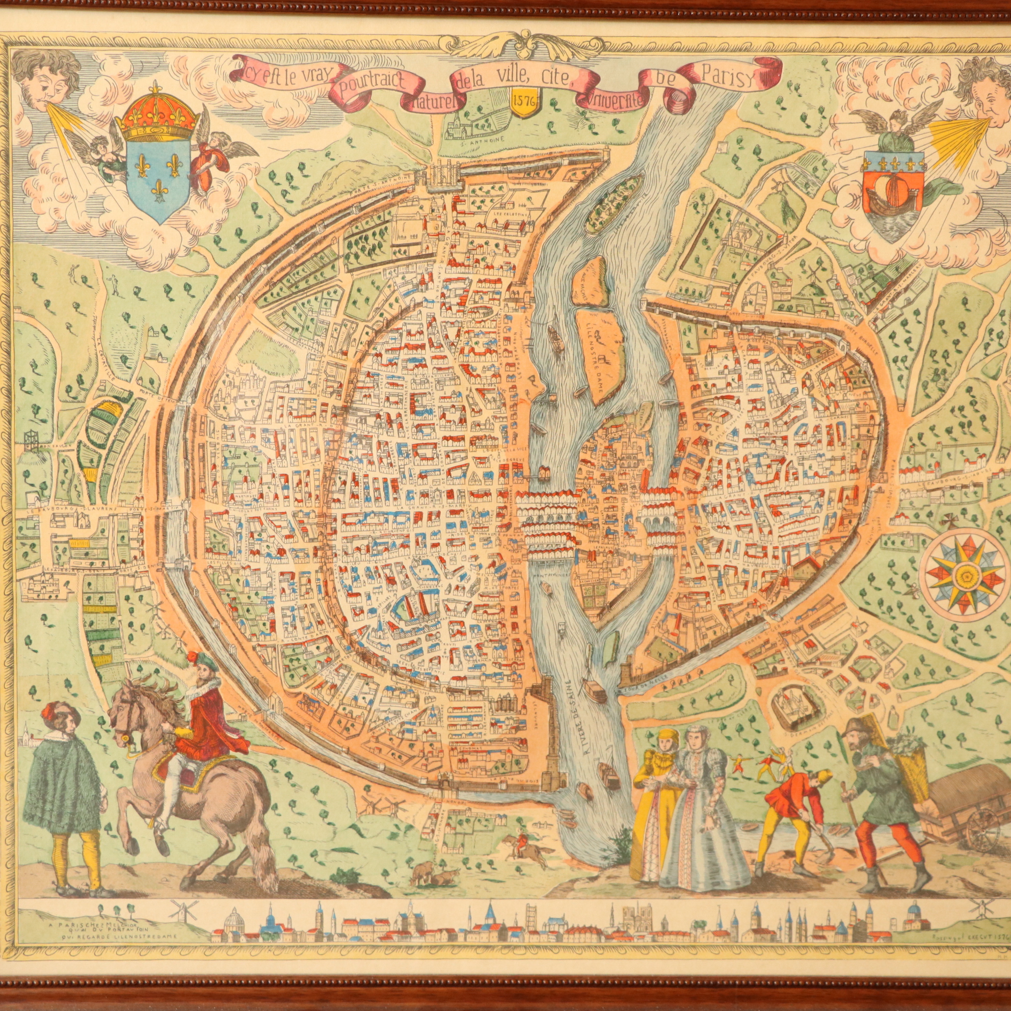 Hand-Color Lithograph Map of 16th Century Paris, France