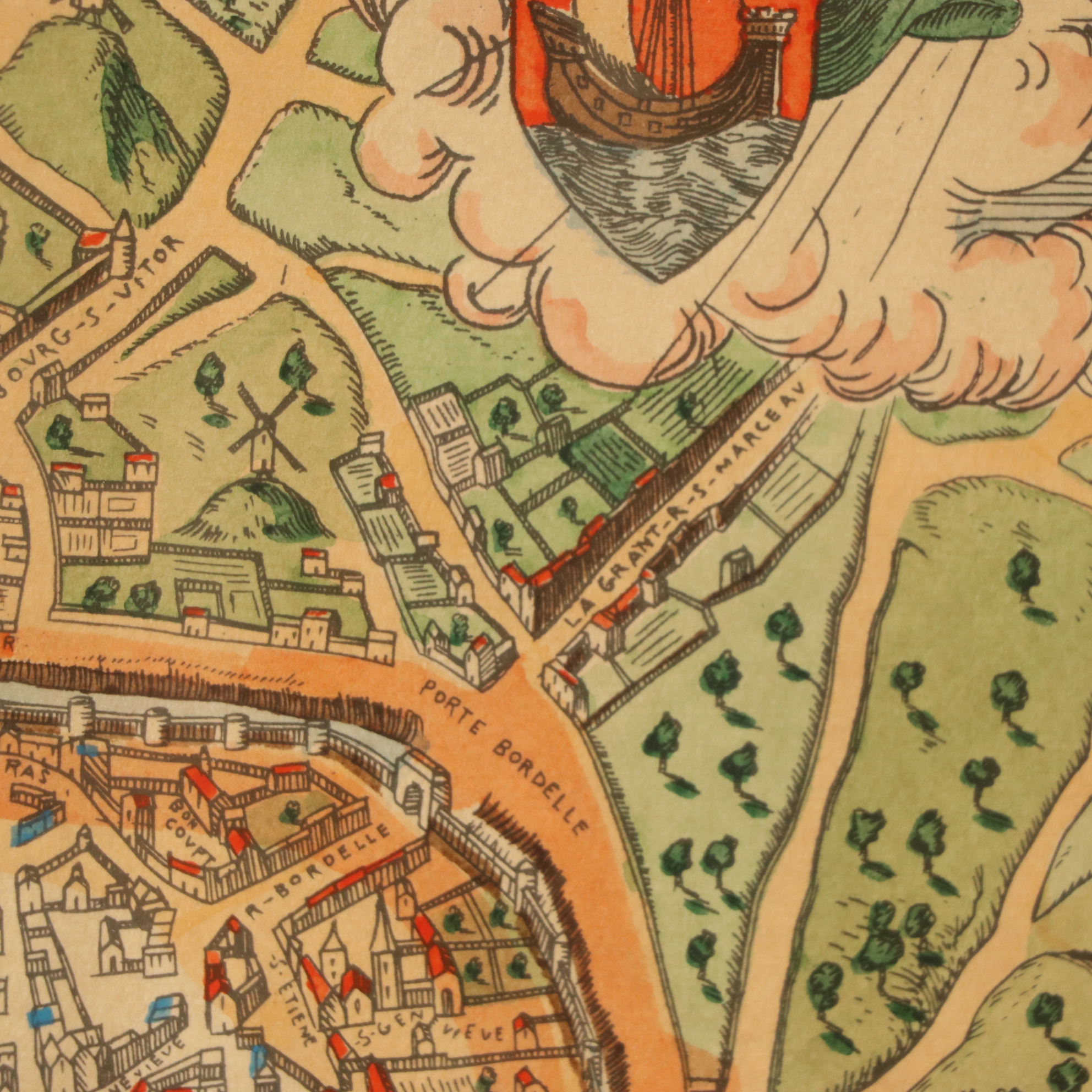 Hand-Color Lithograph Map of 16th Century Paris, France
