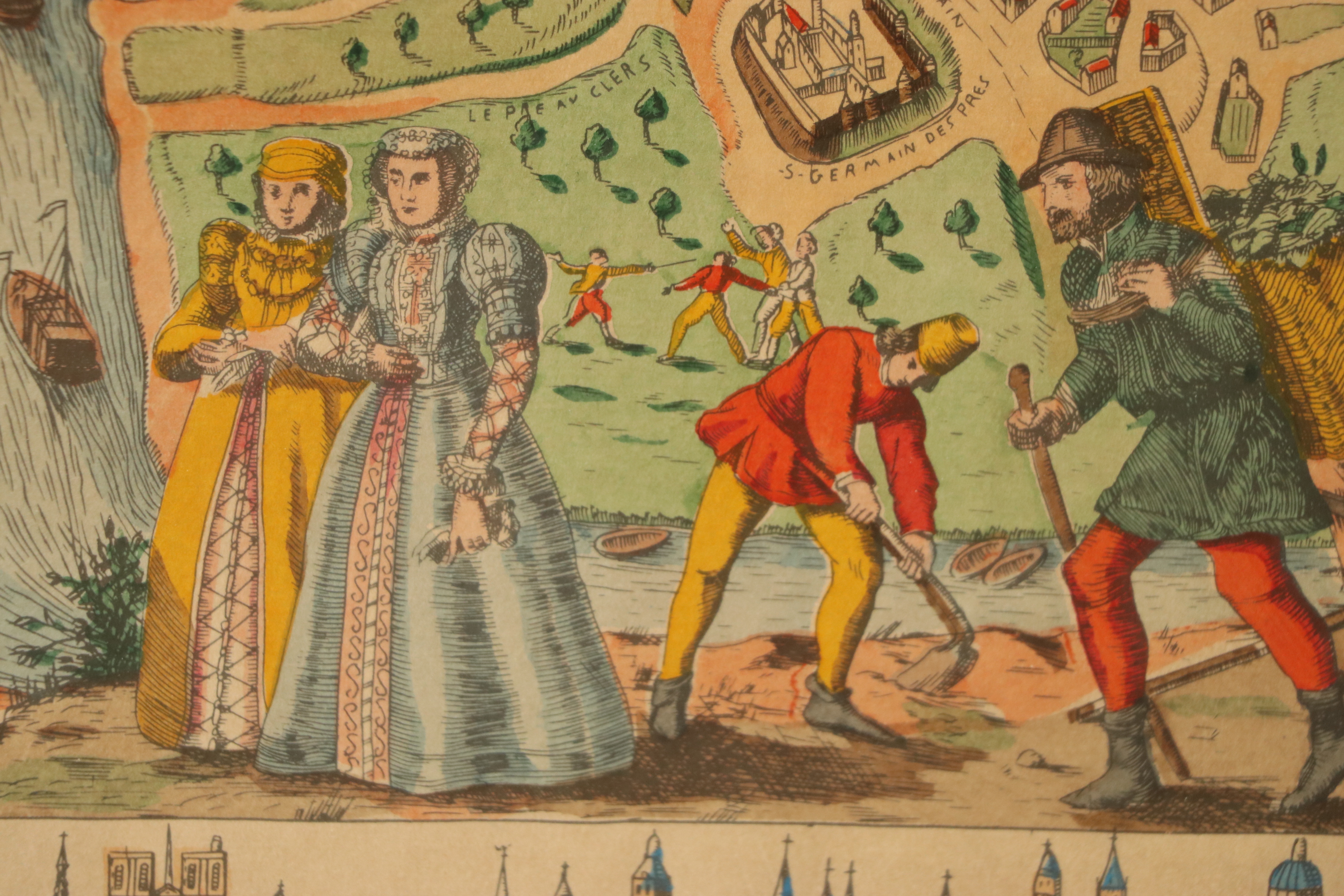 Hand-Color Lithograph Map of 16th Century Paris, France