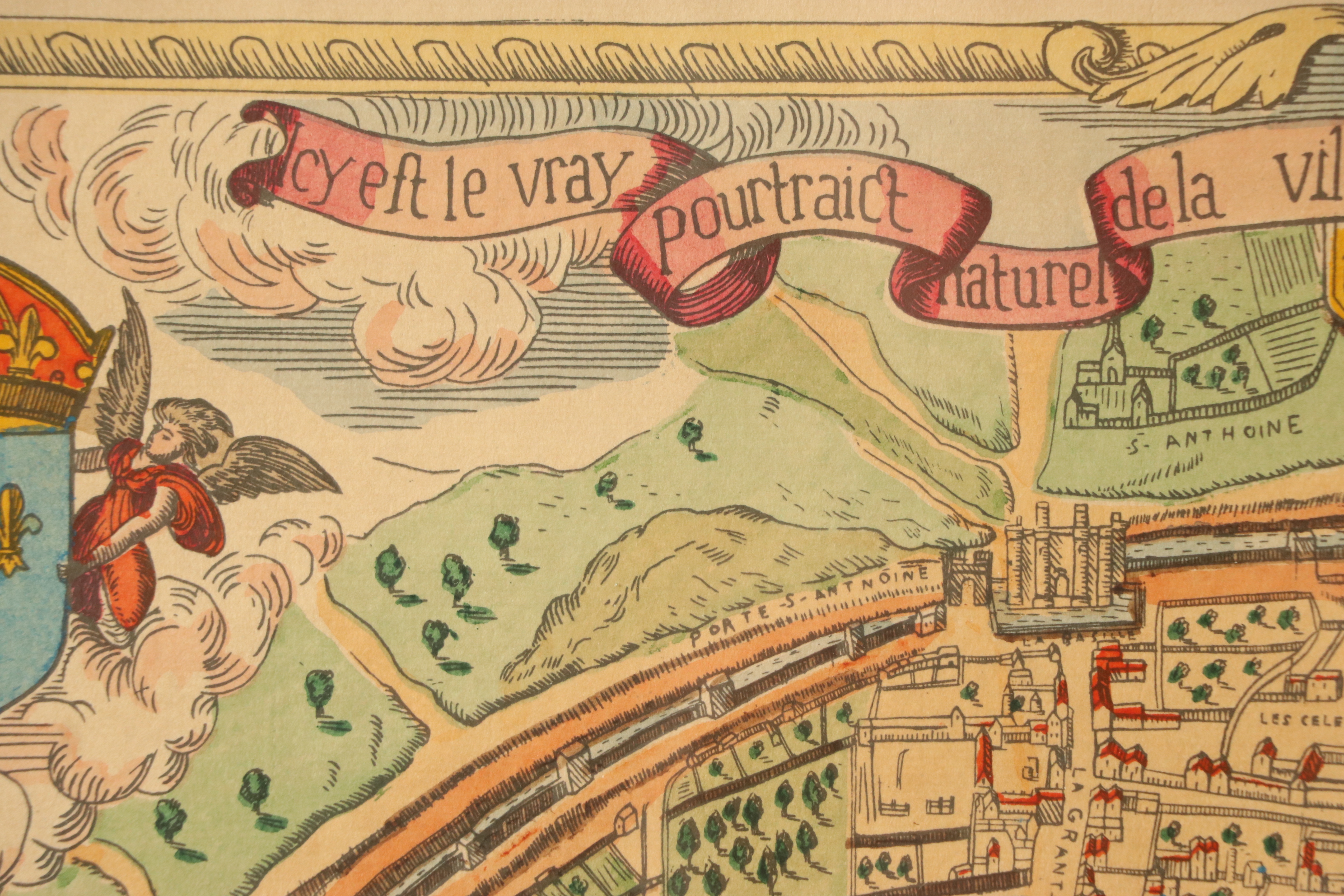 Hand-Color Lithograph Map of 16th Century Paris, France