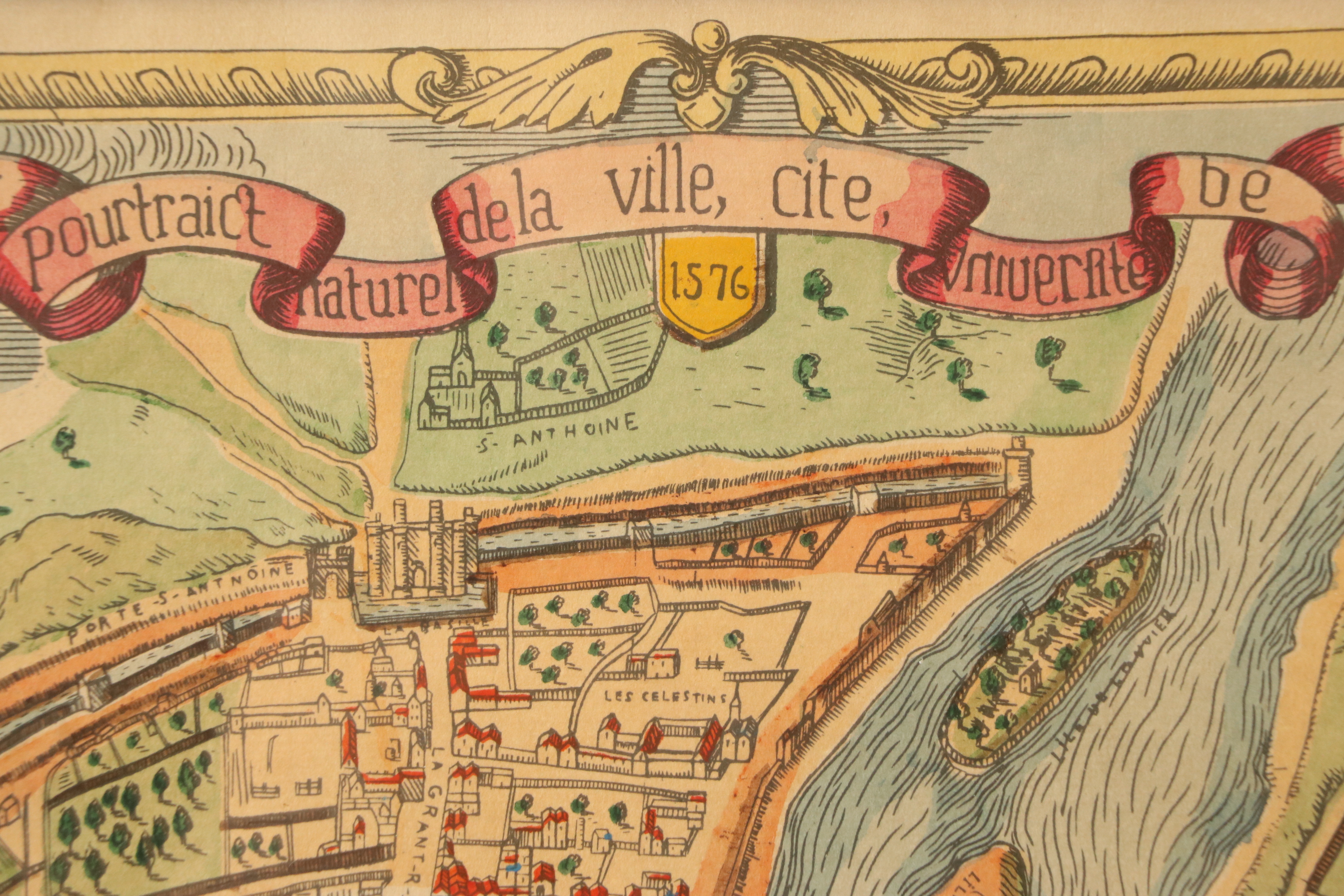 Hand-Color Lithograph Map of 16th Century Paris, France