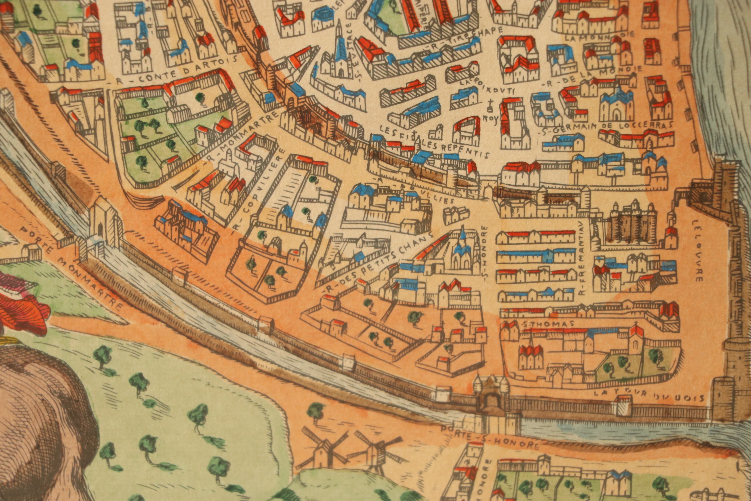 Hand-Color Lithograph Map of 16th Century Paris, France