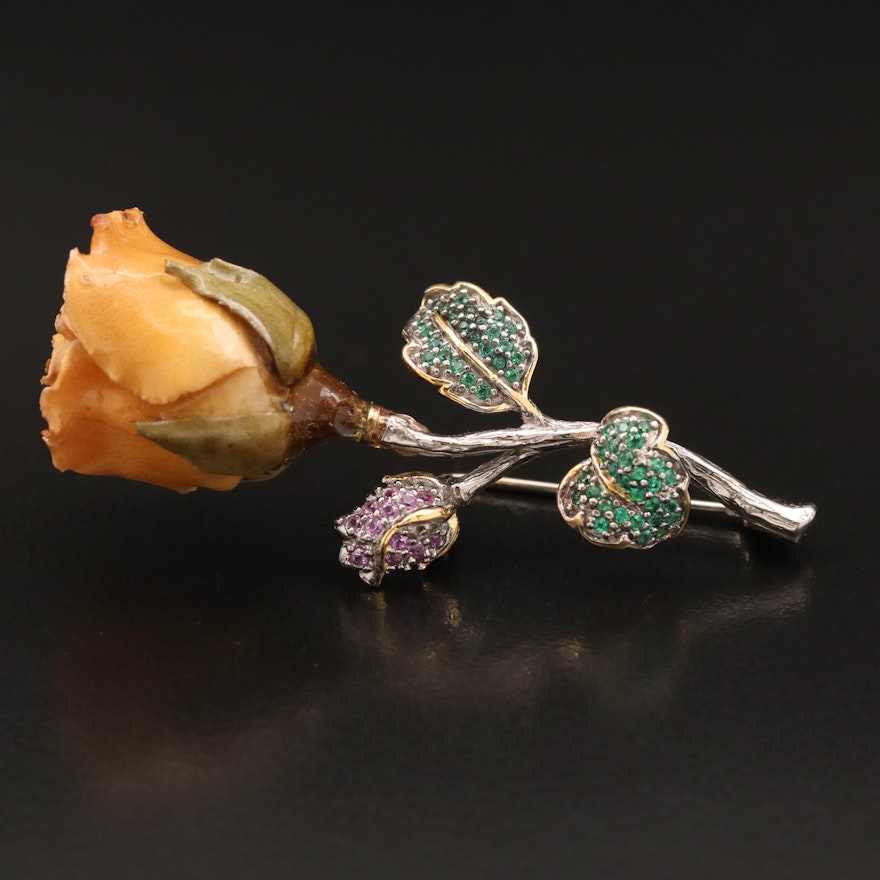 Sterling Rose, Sapphire and Cubic Zirconia Brooch
