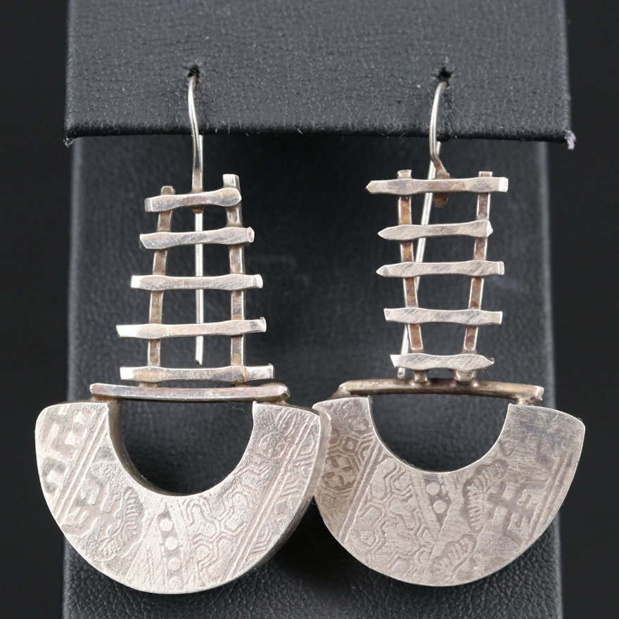 Sterling Silver Mayan Style Dangle Earrings