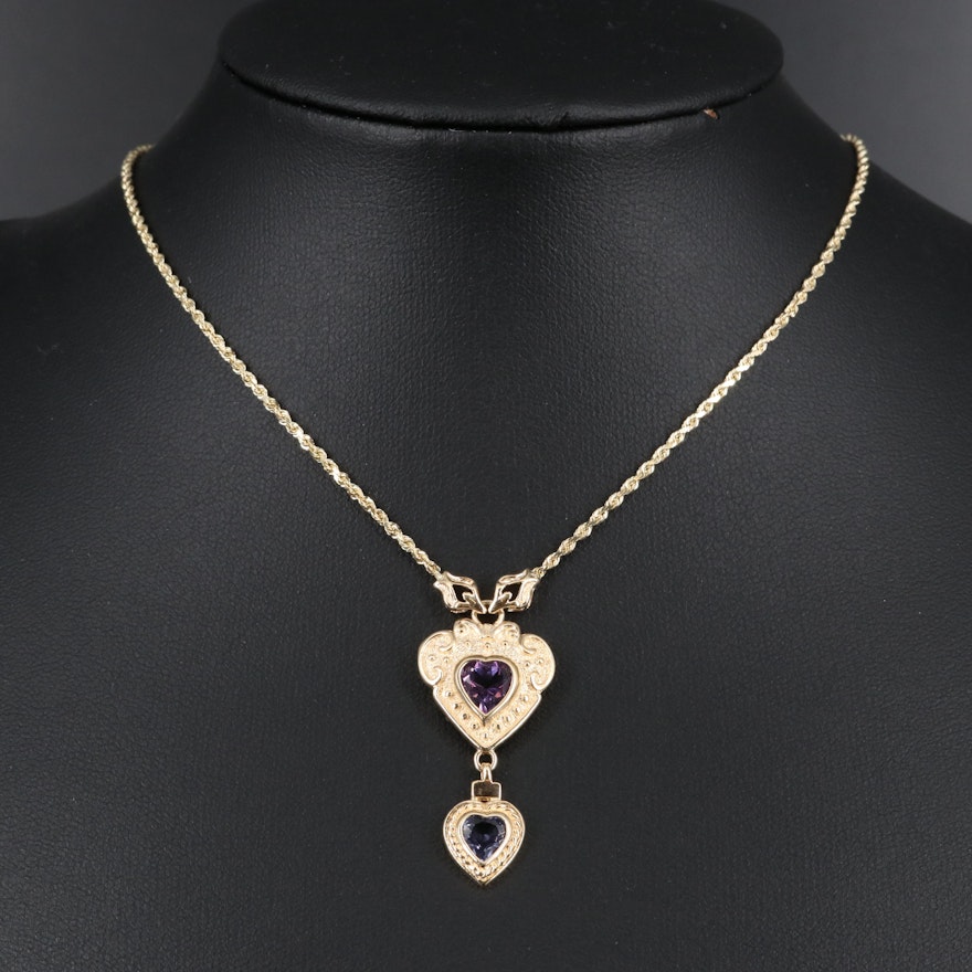 14K Amethyst and Tanzanite Double Heart Necklace