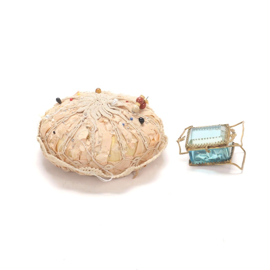 French Standing Pocket Watch Casket with Hand-Crocheted Pin Cushion, Late 19th C