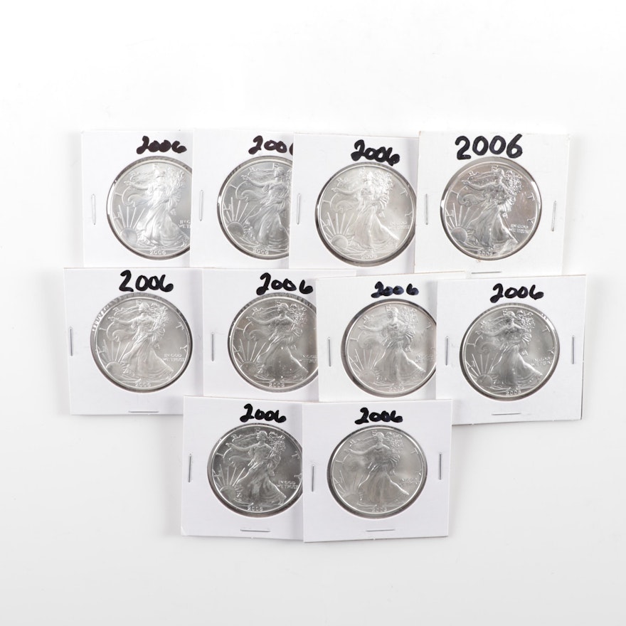 Ten 2006 American Silver Eagle Bullion Coins