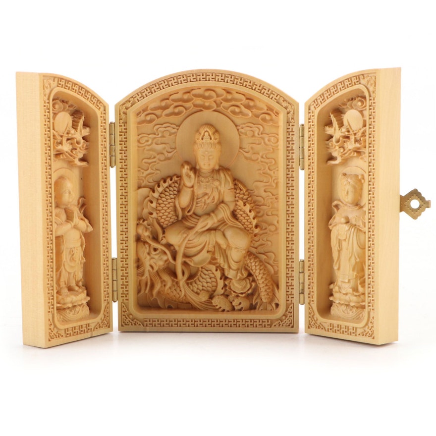 Chinese Buddhist Carved Wood Traveling Altar Triptych