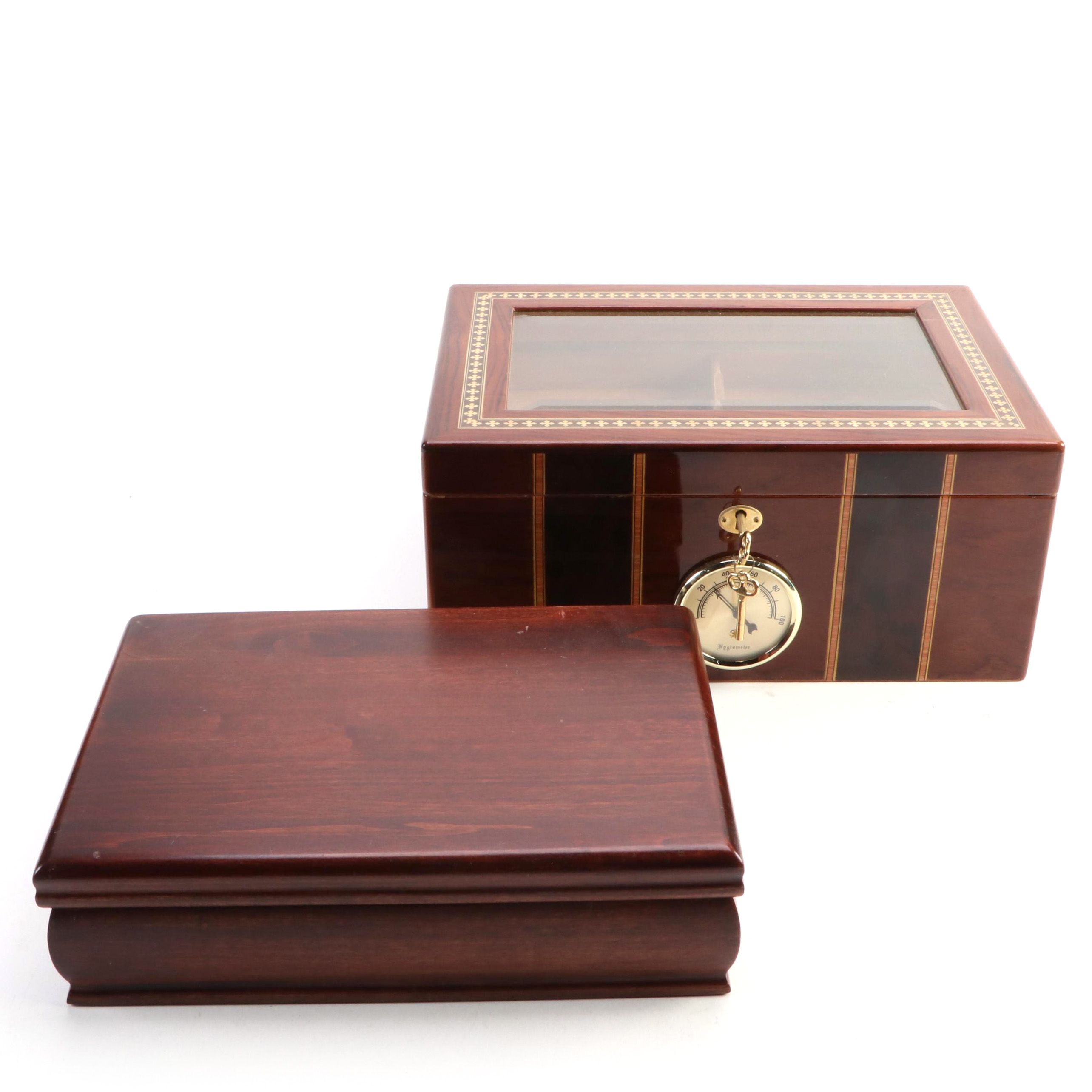 Reed & Barton "Diamond Crown" Humidor and Locking Inlaid Wood Humidor, 21st C