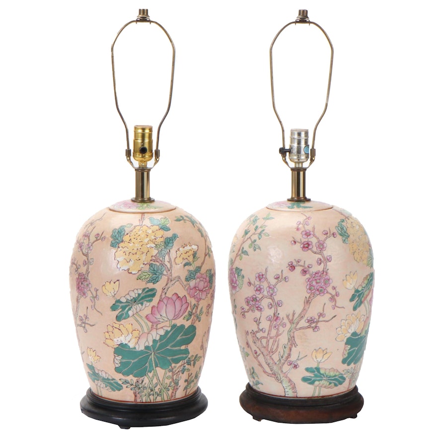 Pair of Chinese Floral Porcelain Melon Jar Table Lamps, Late 20th Century