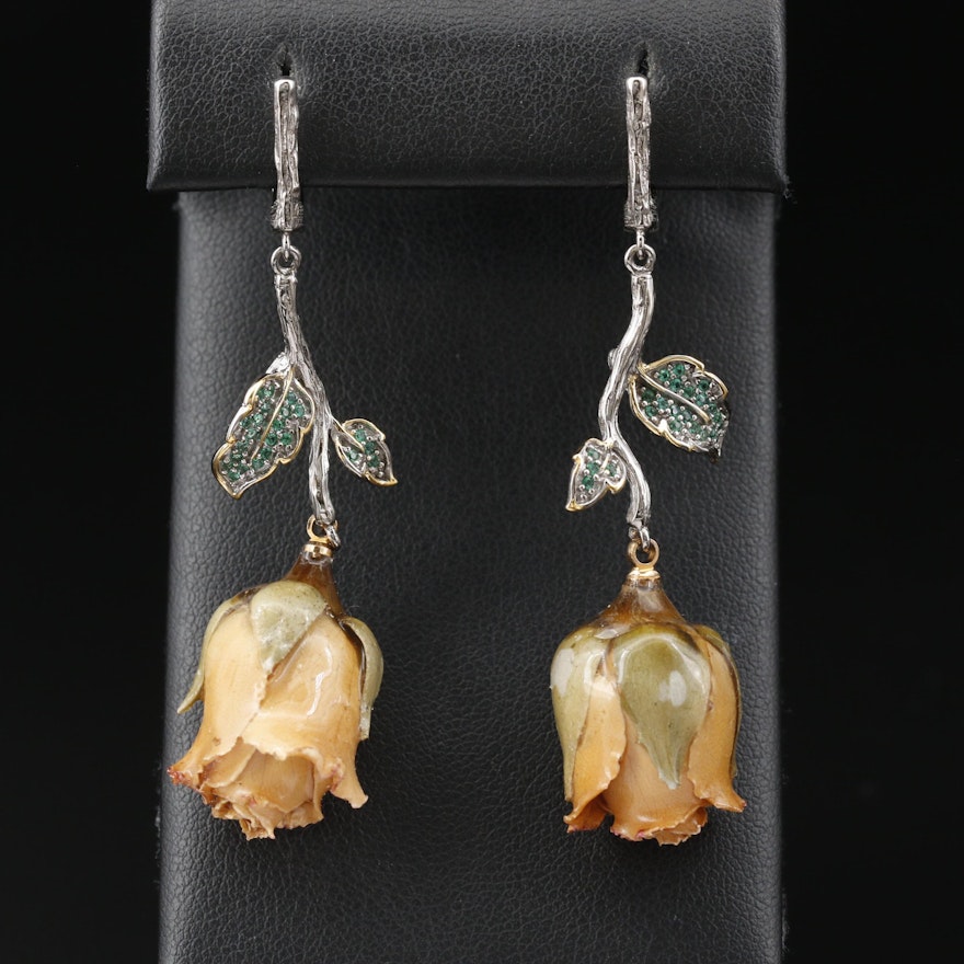Sterling Cubic Zirconia and Rose Bud Dangle Earrings