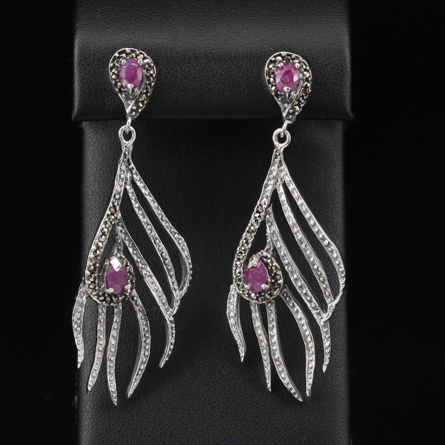 Sterling Corundum and Marcasite Feather Motif Earrings