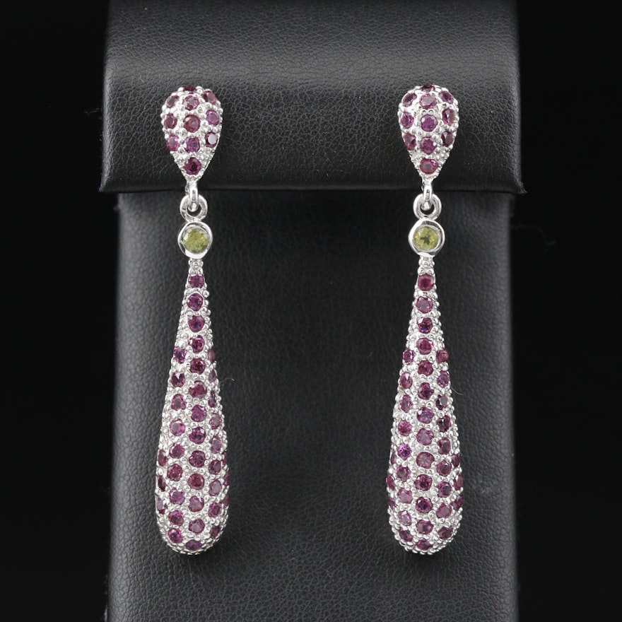 Sterling Rhodolite Garnet and Peridot Dangle Earrings