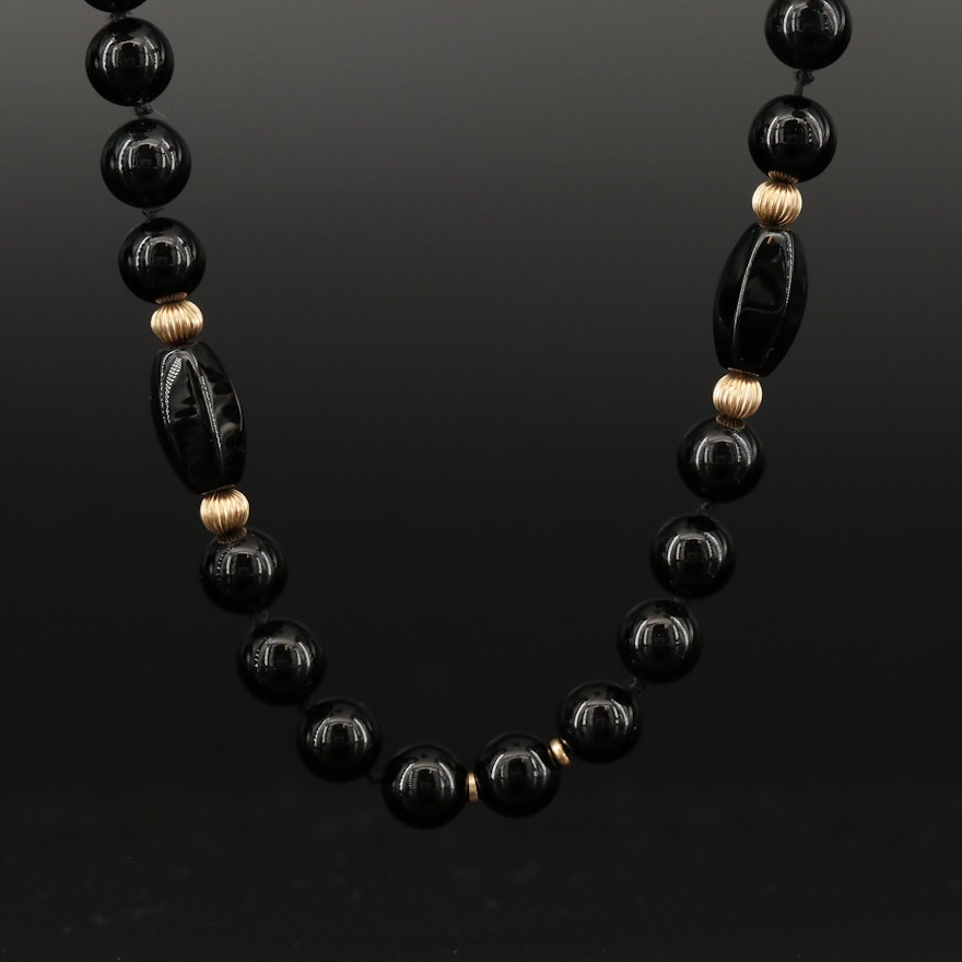 Black Onyx Beaded Necklace with 14K Accents