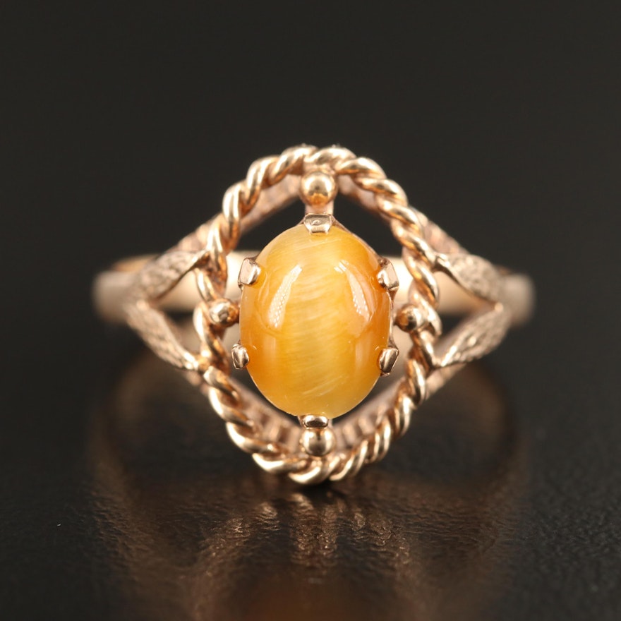 Vintage 10K Tiger's Eye Ring with Foliate Accent