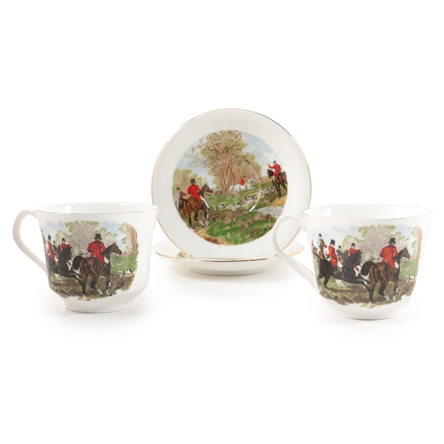 Elizabethan Staffordshire Hunting Scene Bone China Teacups and Saucers